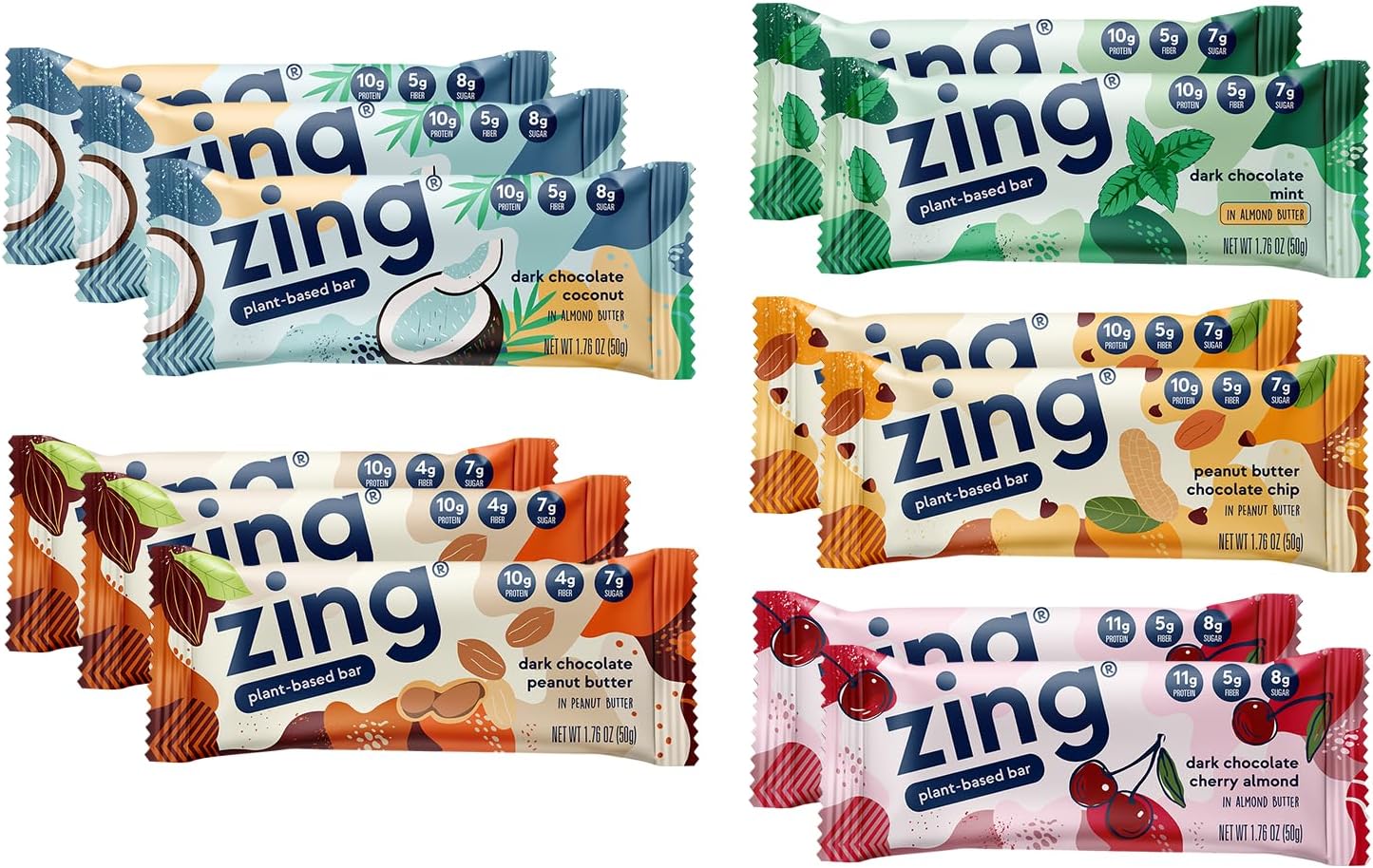 Zing Vegan Protein Bars Variety Pack - Top 5 Flavors, Gluten Free Nutrition Bars, High Protein & Fiber, Soy Free, Dairy Free Plant Based Protein, Kosher, Low Sugar, No Sugar Alcohols - 12 count