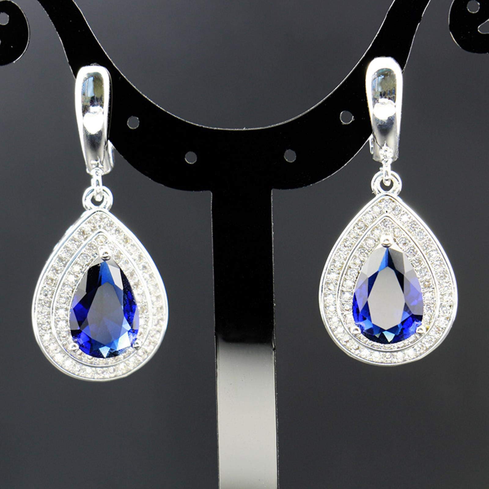 Conjunto de Joyas de Plata 925, Gota de Agua, Zafiro, Piedras Preciosas, Anillo de circón, Pendientes, Collar, Pulsera para Boda Femenina, 4SET, 6