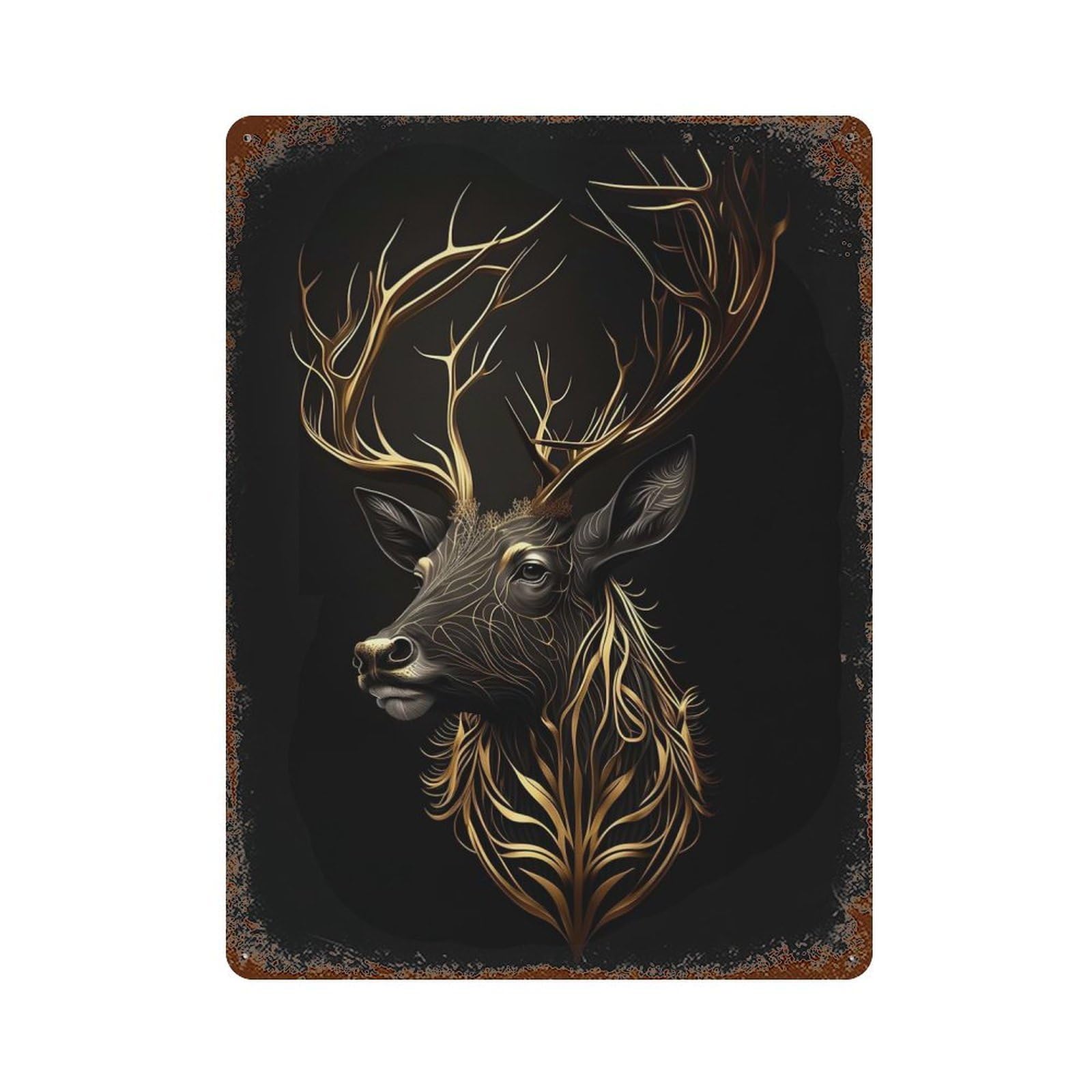 Garage Style Deer Black Gold Distressed Metal Wall Sign 15.7"x11.8", Shabby Chic Decor for Bar And Workshop