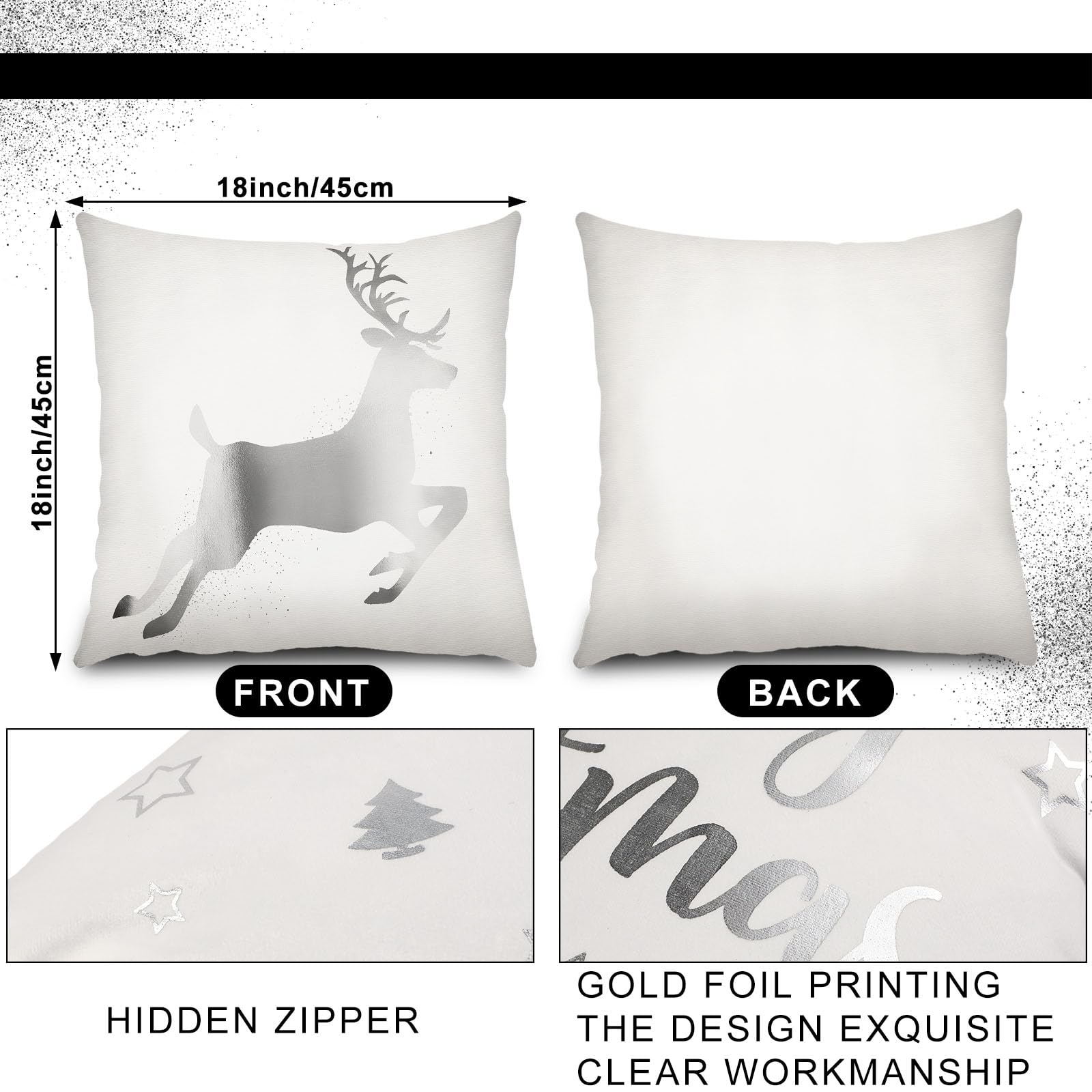 6 Pcs Housses de Coussin de Noël Taies d'oreiller Joyeux Noël Housses d'oreiller en Peluche pour Décoration d'hiver Vacances Canapé Sofa Bureau Chambre 45 x 45 cm (Blanc, Argent)