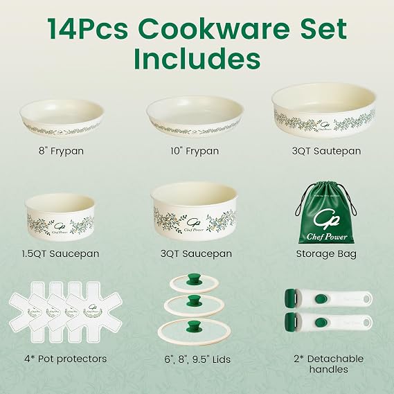 Chef Power Ceramic Cookware Set with Decal, 14 Pcs Pans and Pots Set