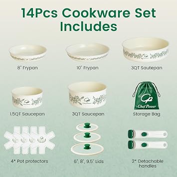 Chef Power Ceramic Cookware Set with Decal, 14 Pcs Pans and Pots Set