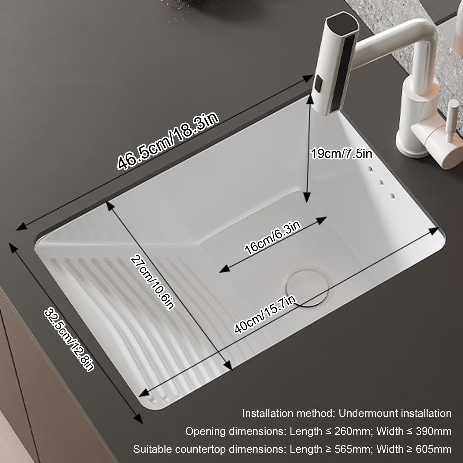 Fregadero de Cerámica Empotrable Para Lavandería con Tabla de Lavar Integrada, Lavabo Sobre Encimera con Grifo de Caño Alto y Kit de Desagüe para Baño o Lavadero(32.5x46.5x22cm/12.8x18.3x8.6in)