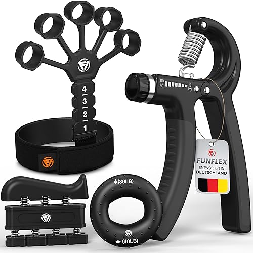 FUNFLEX Handtrainer Fingertrainer, Verstellbares Griffkraft Trainer Set -5-Teilig- Unterarmtrainer, Fingerstrecker, Handgelenk Band - Finger Grifftrainer - Grip Ring, Hand & Unterarm Training - Schwarz 4er Set