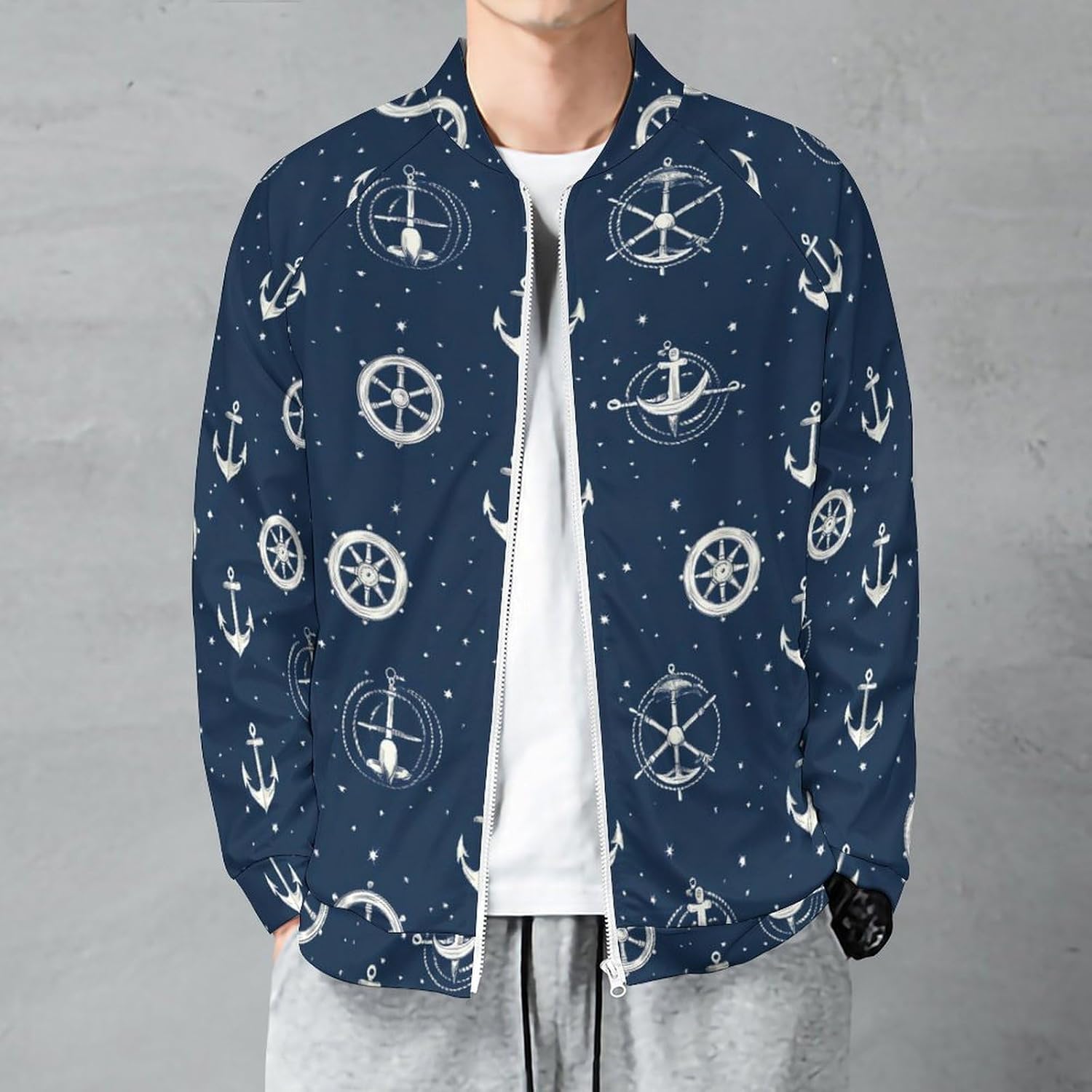 Navy Blue Nautical Anchores Men's Zip Up Sweatshirt Casual Sweater Jackets Long Sleeve Tops Lightweight Coat