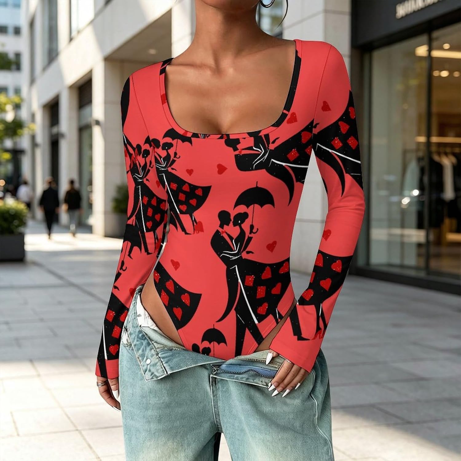 Couple in Love Umbrella Hearts Women's Bodysuits Long Sleeve Top 5XL