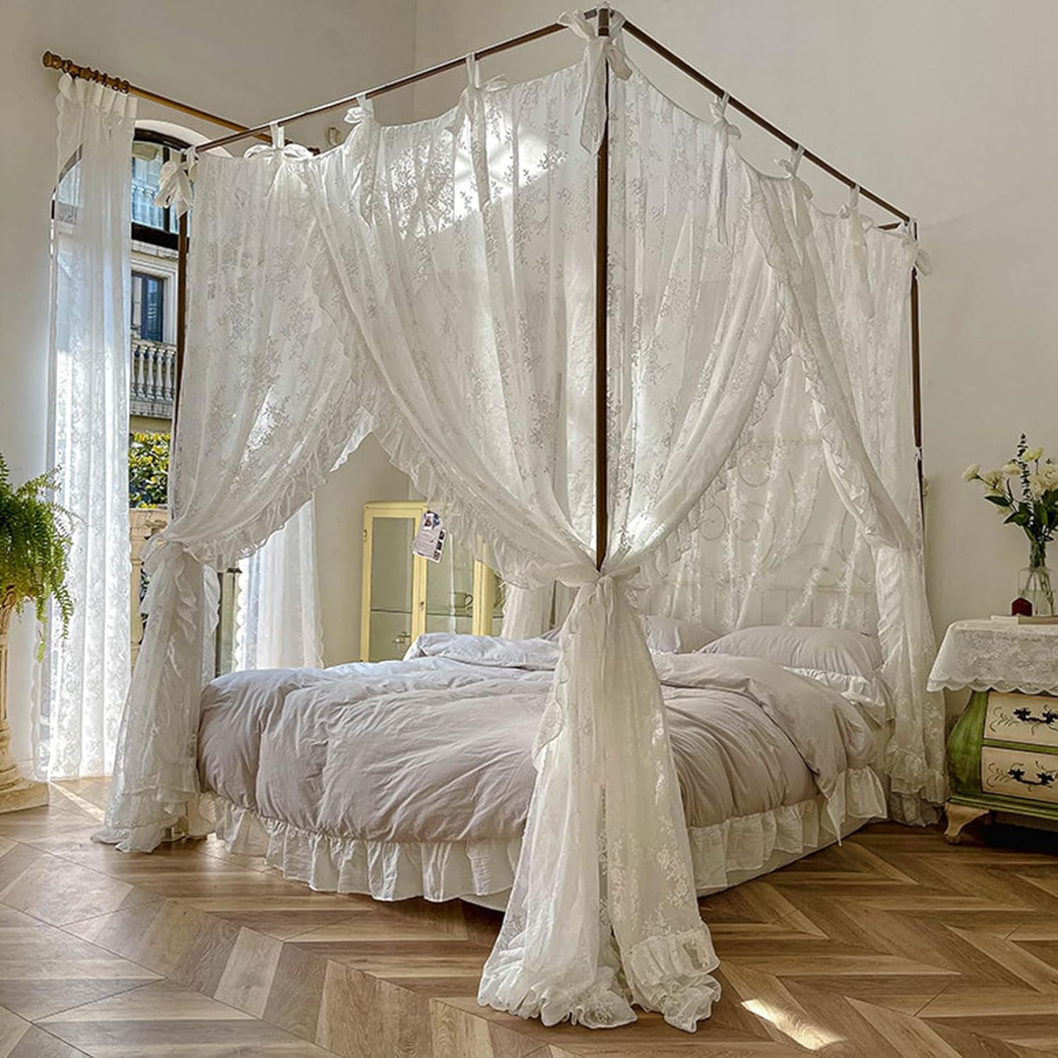 Canopy Bed Curtains, Three-Opening Lace Princess Bed Canopy, 4 Corner Post Hanging Curtains with Ties Fit 4.92ft, Home Decor