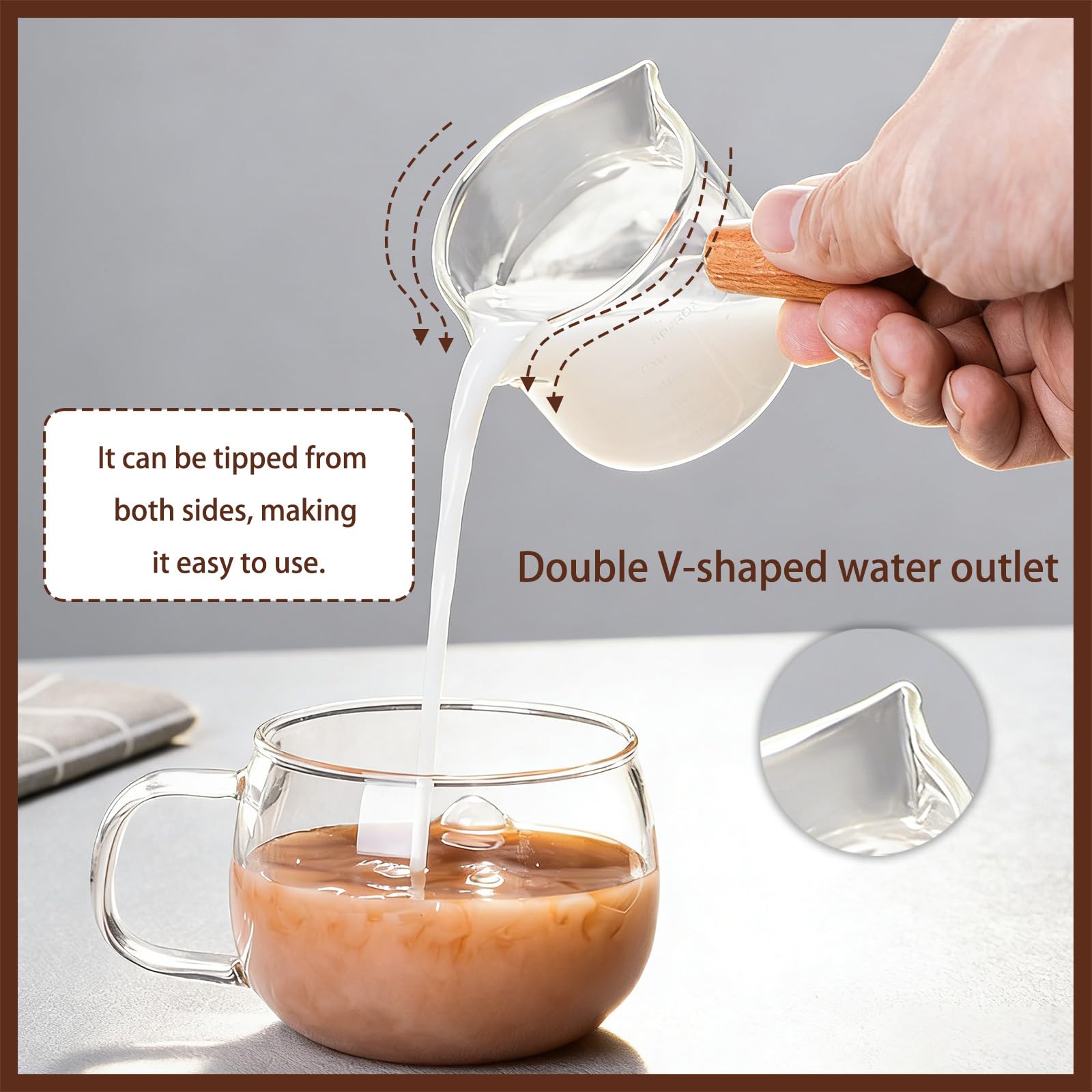 2 kubki z miarką do espresso, z drewnianym uchwytem, 75 ml, podwójny nalewak w kształcie litery V, podwójny nalewak, przezroczyste szkło, dzbanek do spieniania mleka, mały kubek do pomiaru