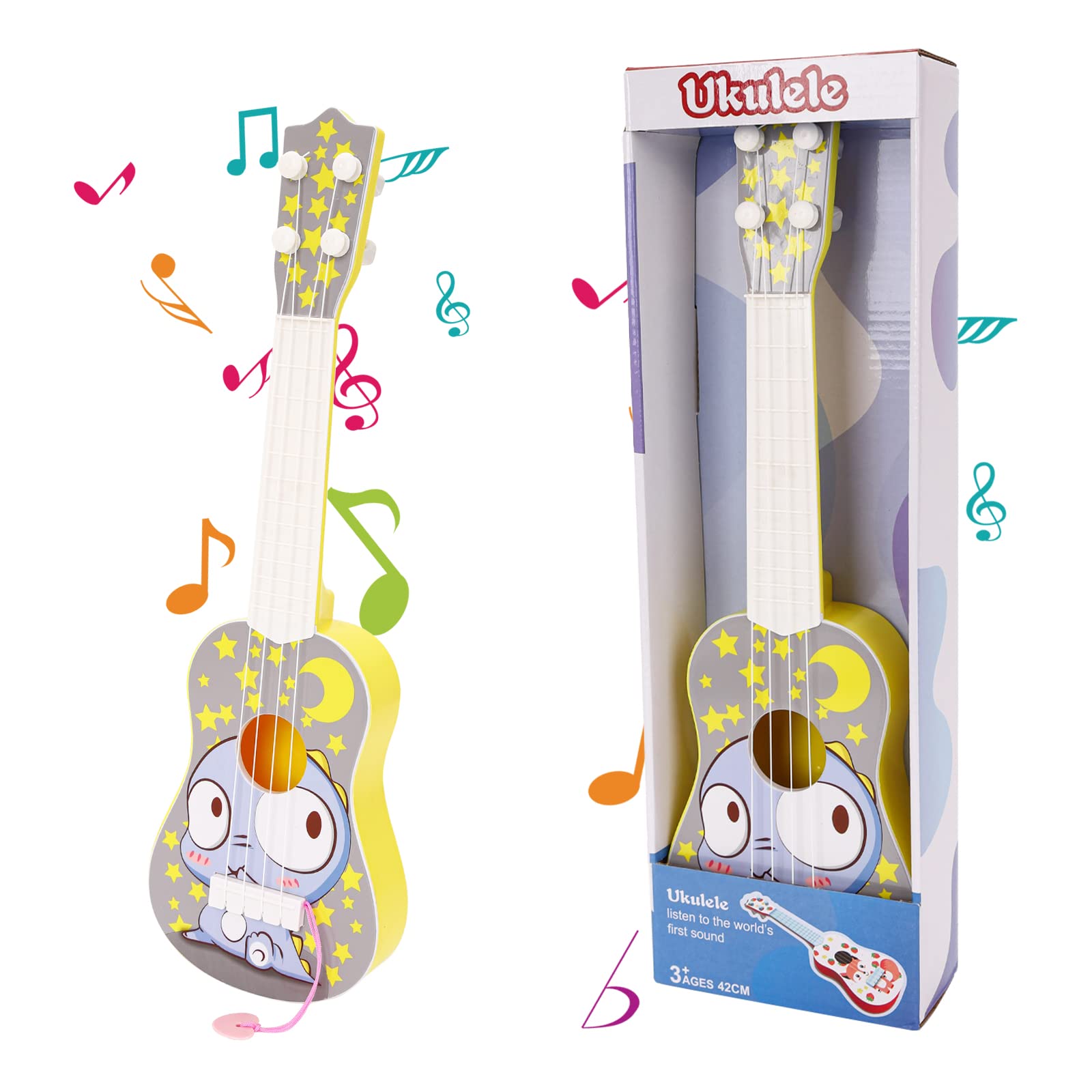Gukasxi Guitarra para niños de 41 cm, mini guitarra, ukelele, guitarra de juguete con 4 cuerdas y púas afinables, juguete musical para niños (dinosaurios coloridos)