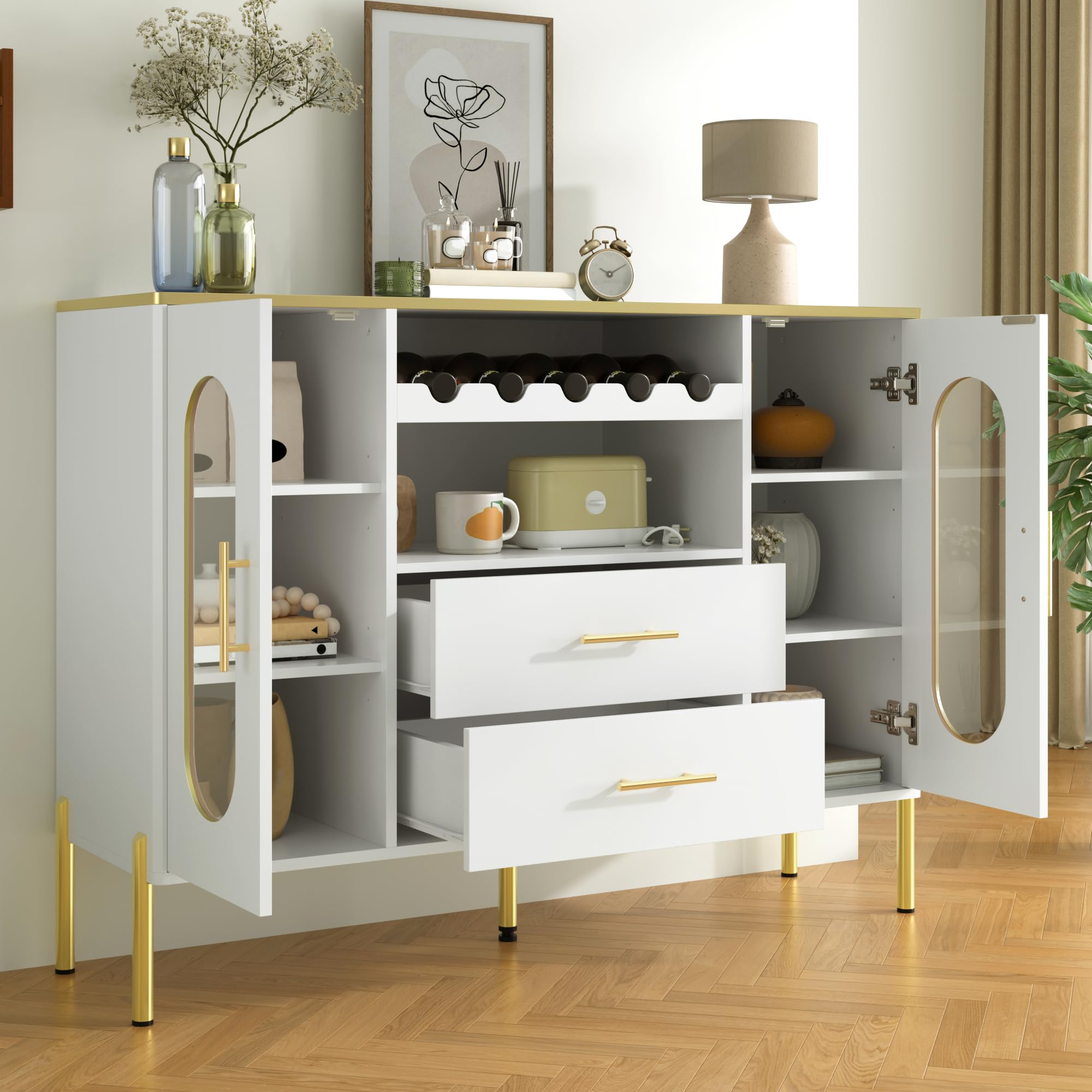 Credenza 120 cm Con Ripiani Interni Regolabili, Ante In Vetro E Cassetti, Buffet Con Portabottiglie Integrato, Mobile Elegante Per Soggiorno Ed Esszimmer