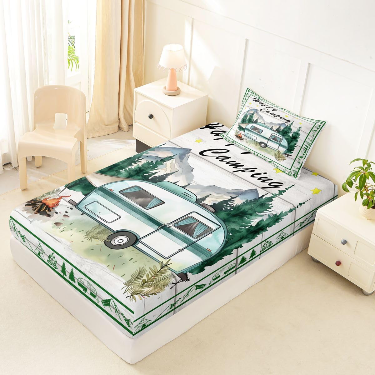 jejeloiu Camping RV Bed Sheets Set Twin Size Happy Camping Bed Set for Kids Boys Girls Rustic Deep Pocket Fitted Sheet Breathable Soft Lightweight Microfiber