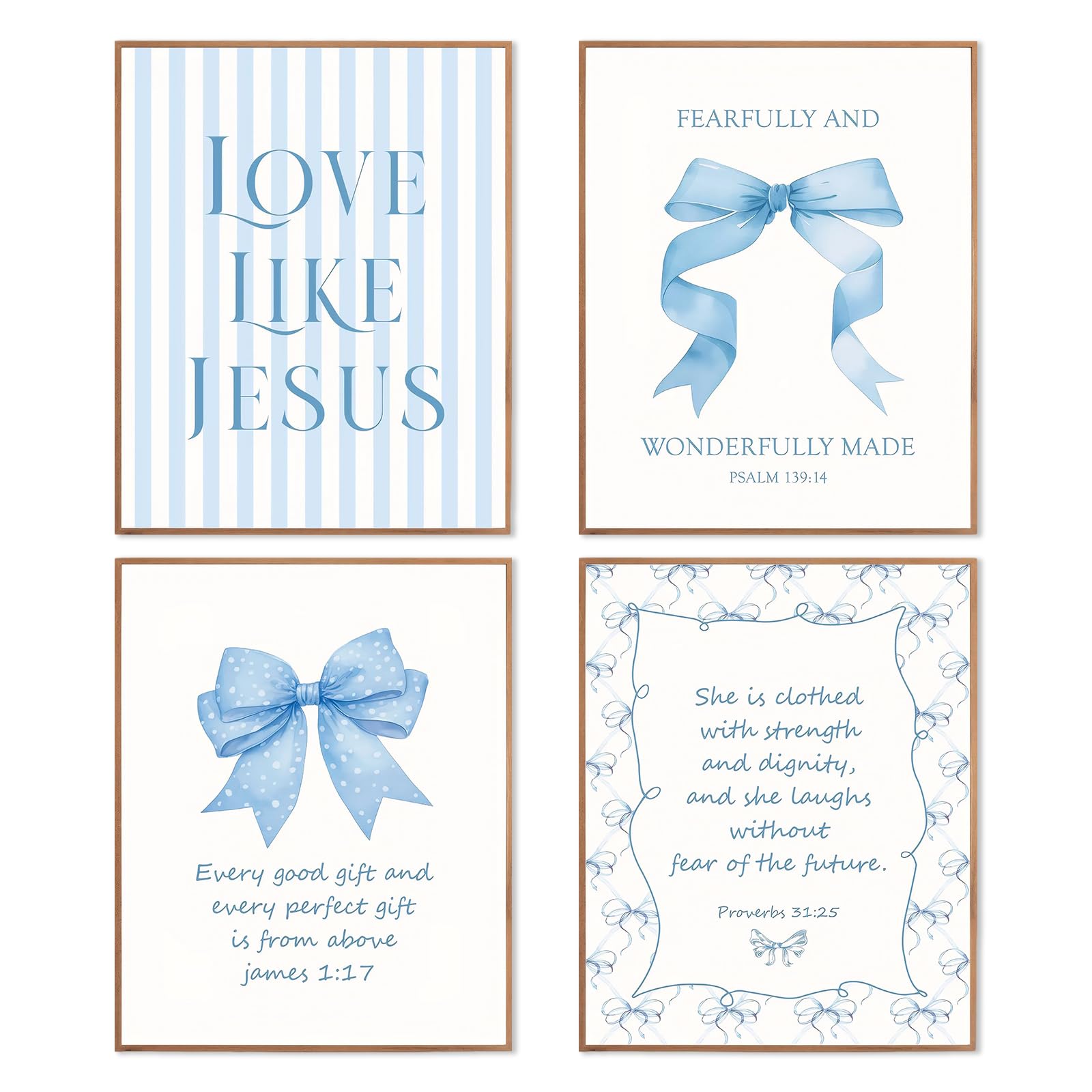 ROBOHOOK 4 PCS Trendy Bow Bathroom Decor,8x10 Unframed,Blue Bow Jesus Wall Art Decor,Inspirational Verses,for Teens Teen Girls,Living Room Bathroom