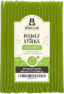 The Honey Jar Green Apple Flavored Honey Sticks - Pure Honey Straws For Tea, Coffee, or a Healthy Treat - One Teaspoon of Flavored Honey Per Stick - Made In The USA with Real Honey - (20 Count)