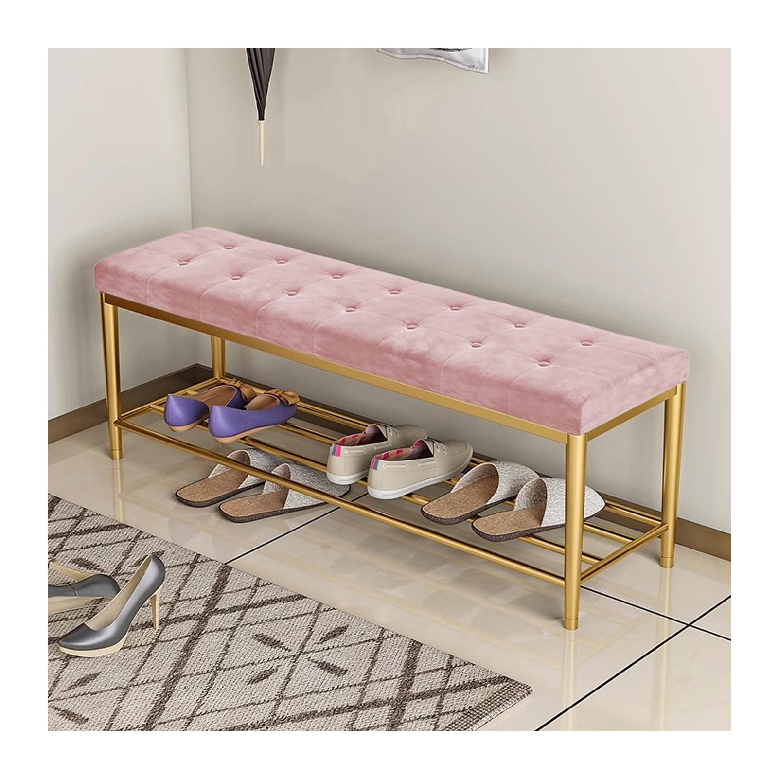 Banc à chaussures en velours rembourré avec rangement élégant pour entrée