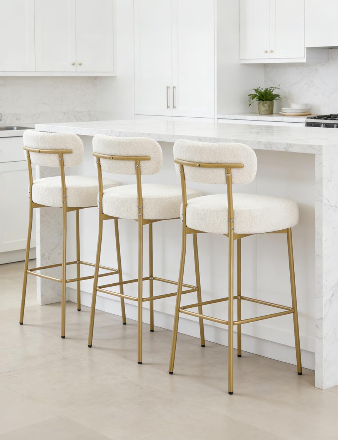 Black Bar Stools Set of 3, Boucle Counter Height Bar Stools, 28" Modern Counter Stools with Backs, Upholstered Barstools with Gold Legs for Kitchen Island, Bar, Cafe