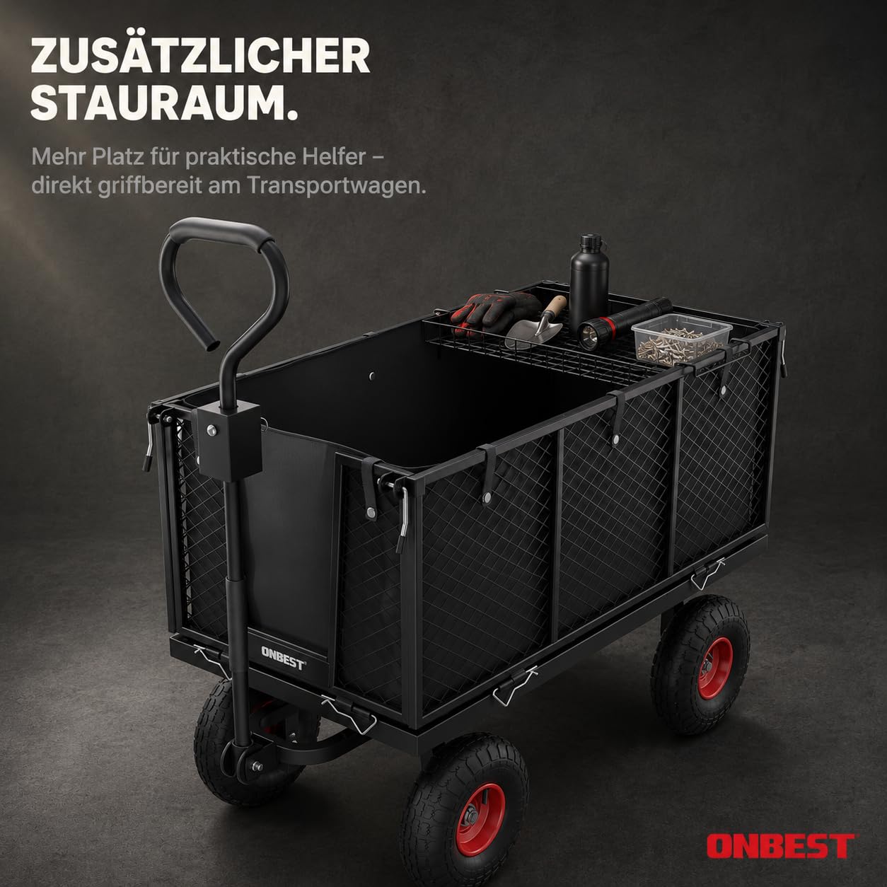 ONBEST Bollerwagen 550 kg – Gartenwagen mit klappbaren Seitenwänden | Großer 205 L Gitterkorb aus Metall – Outdoor-Transportwagen und Lastenwagen für Garten, Hof und schwere Transporte