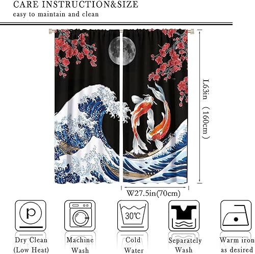 Vista 55 de Cortinas japonesas de pez koi, estilo asiático Koi Big Wave Koi, cortina con bolsillo para cortinero para dormitorio, cocina, sala de estar, Koi