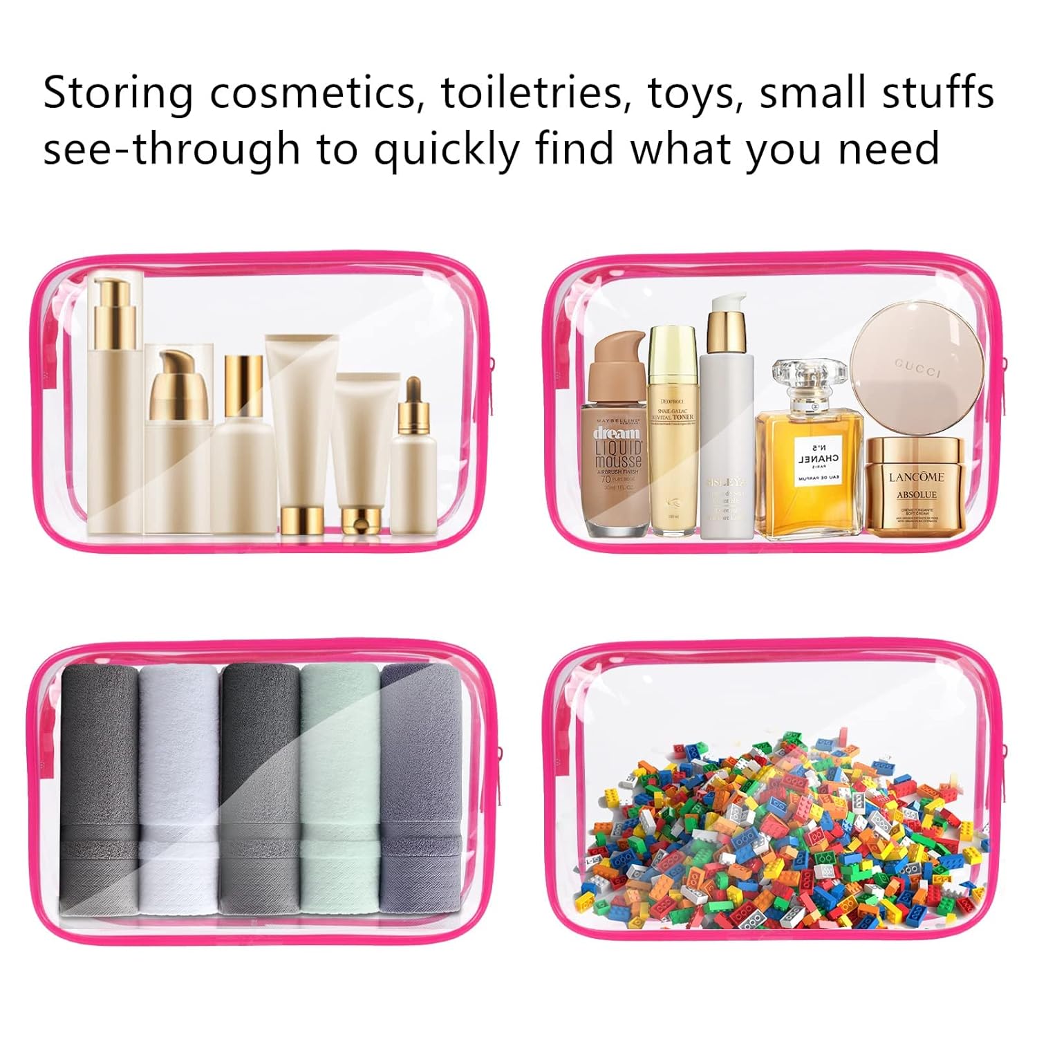 Clear Makeup Bag, 3 Pack Portable Cosmetic Travel Bag with Sturdy Zipper, TSA Approved Toiletry Bags Quart Size Makeup Bag Organizer for Women Men, Pink : Beauty & Personal Care
