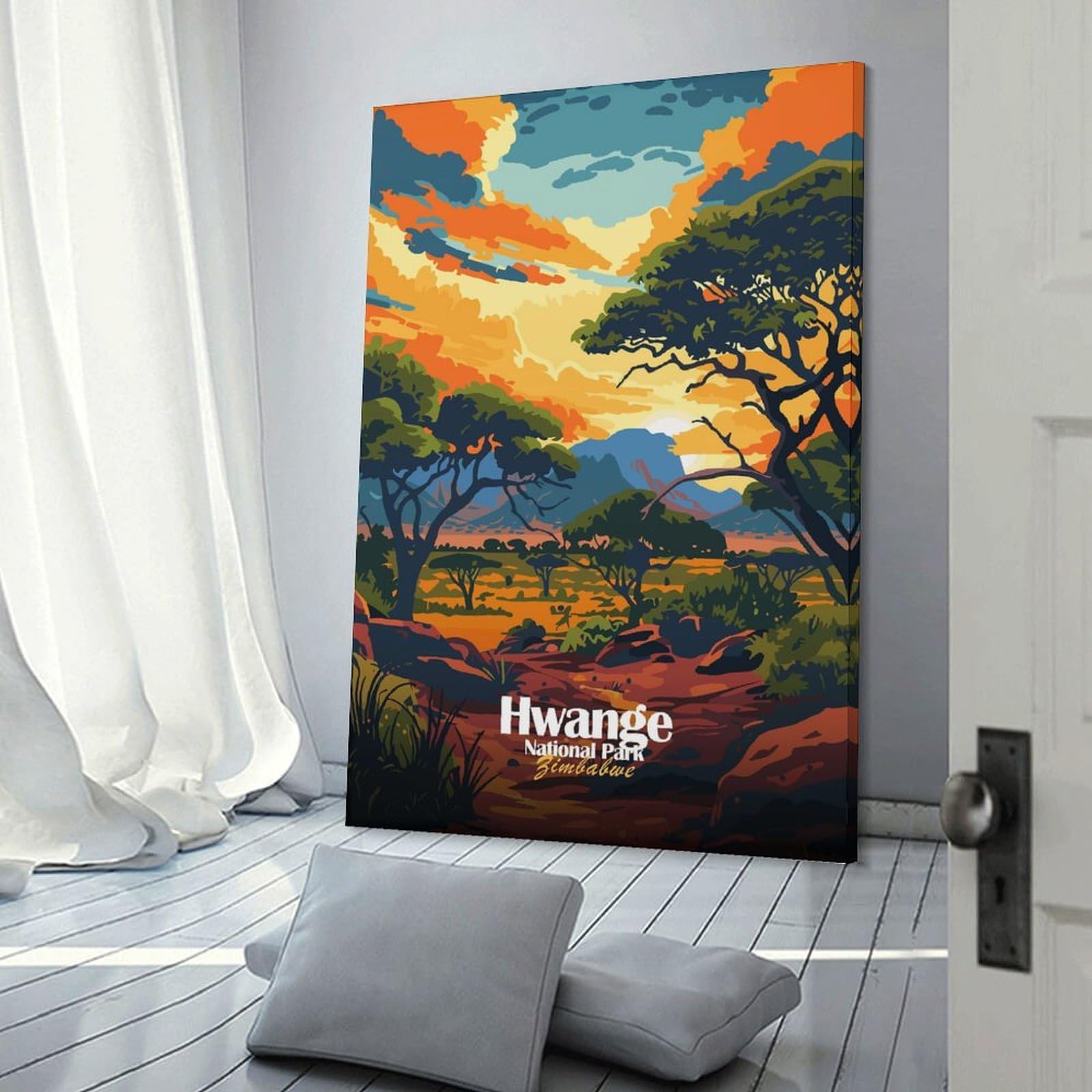 Junmoney Frame-Style-22-1 Canvas Wall Art Hwange National Park Zimbabwe Illustration, 20X30inch(50X75cm), For Lounge Decor, Bedroom Walls Or Flats, Eye Catching Artwork For Blank Walls