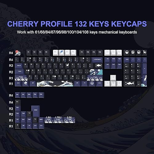 Miniatura 8 de Teclas PBT 60 por ciento, teclas japonesas Great Wave Off Kanagawa, juego de teclas personalizadas DYE-Sub, teclas de perfil cereza para teclado