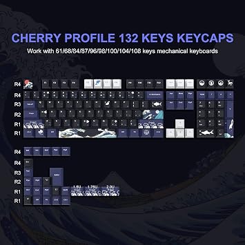 XVX PBT Keycaps - 132 Keys, Great Wave Off Kanagawa Japanese Keyboard Set, 5 Side DYE-Sub Custom Keycaps, Cherry Profile for Cherry Gateron MX Switches