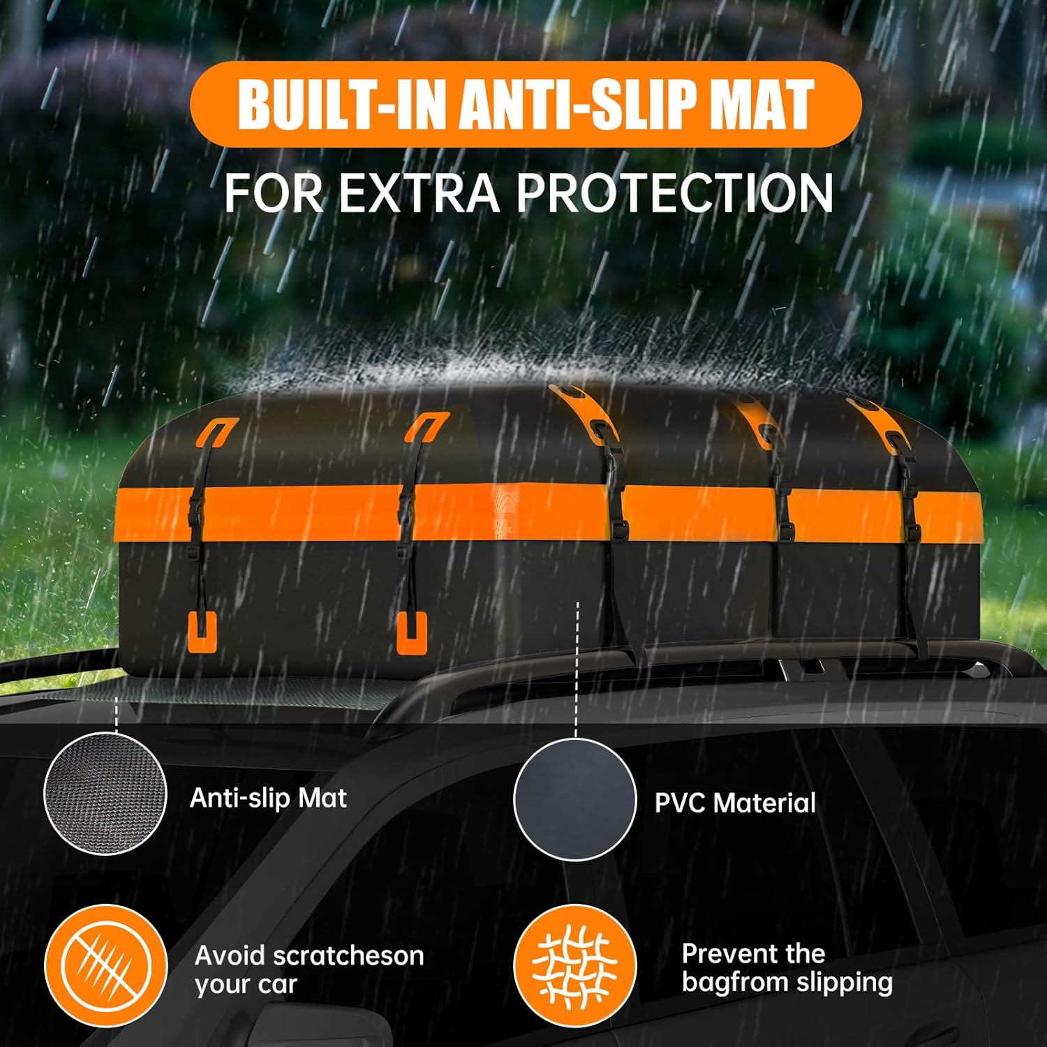 Car Rooftop Cargo Carrier Bag, 30 Cubic Feet Waterproof Soft-Shell Car Roof Bag for All Vehicle with/Without Rack, Include Anti-Slip Mat, Reinforced Straps, Door Hooks Luggage Lock (Orange)