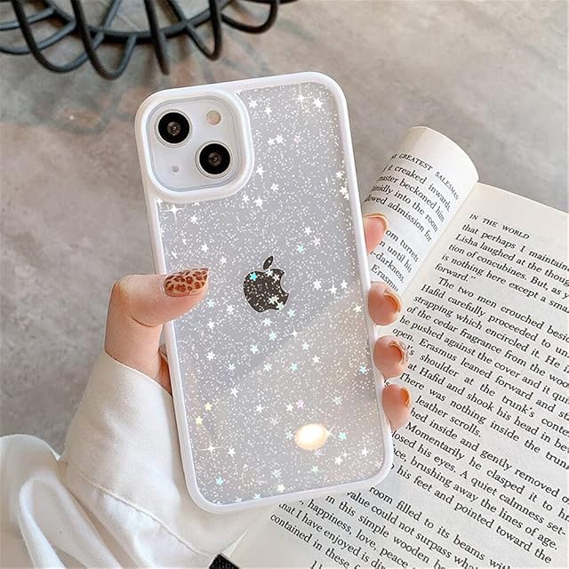 OWM iPhone 13 Case Clear Back Glitter Bling Star Sparkly Bumper Crystal Shockproof Silicone Slim Phone Cover Women Girls Case for iPhone 13 (White)
