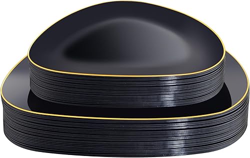 supernal 60 platos de plástico negro y dorado, platos de plástico negro, platos dorados triangulares, platos negros desechables para fiestas,