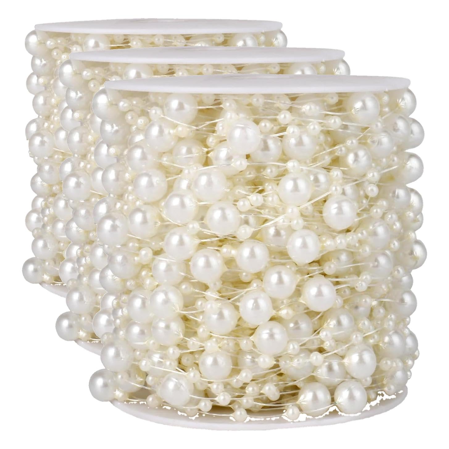 98FT 8mm 3mm Ivory Faux Pearl Beads String Garland Roll Bulk for DIY Craft (Pack of 3)