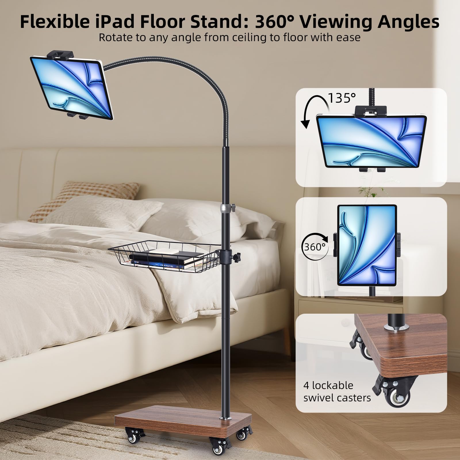 Verstellbarer Boden-Tablet-Ständer mit Rollfuß, flexibler Schwanenhals-Halterung, Holzplattform, mobiler Gerätehalter für den Innenbereich