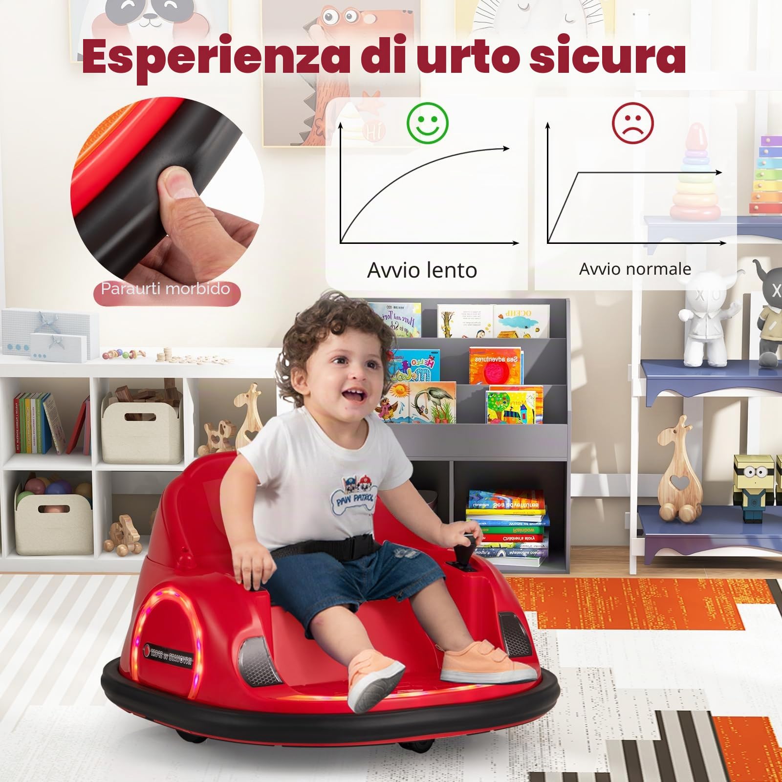 SOARS Autoscontro Elettrico per Bambini 6V, Macchina Elettrica per Bambini Rotante a 360°, Telecomando 2,4G, 2 Modalità di Controllo, Clacson e Musica, Carico 25 KG, 18 Mesi+ (Rosso)