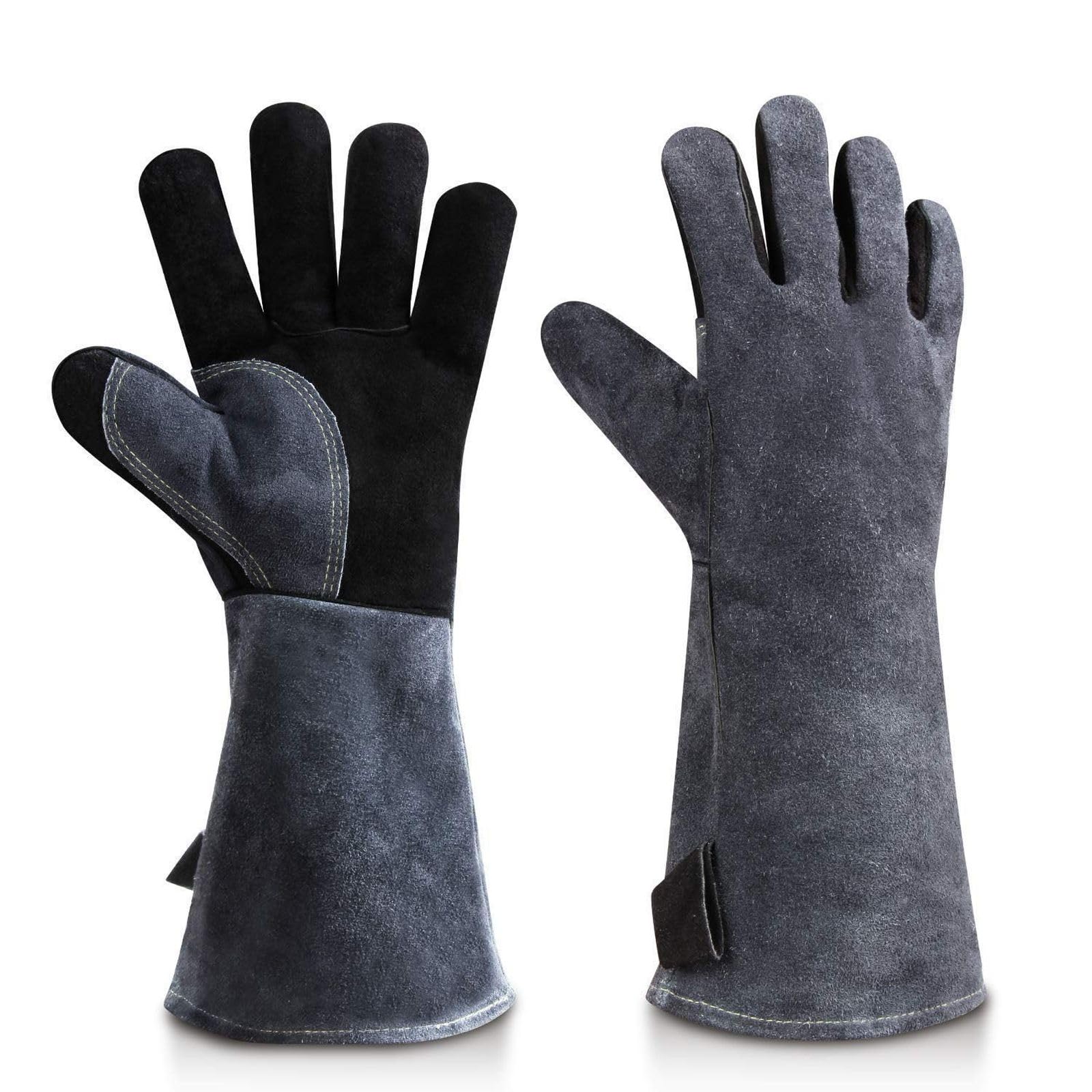 OZERO 14-inch Leather BBQ Gloves: Fire 500℃ Heat-Resistants Welding Gloves Long Sleeve and Insulated Lining Arm Protection for Welder Forge Fireplace Wood Stove Black - grey Large Fireproof Glove