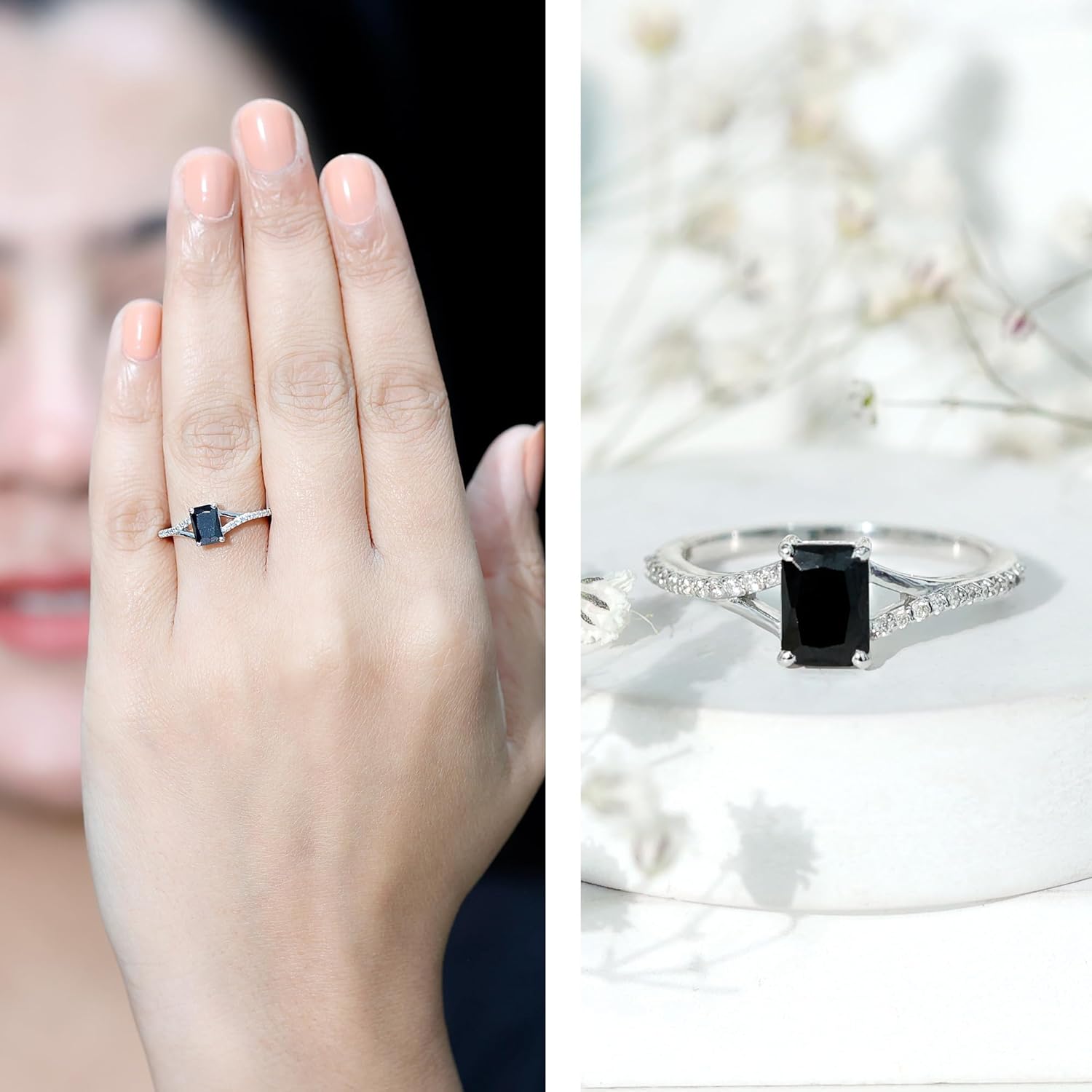 Certified Lab Grown Black Diamond Emerald Cut Engagement Ring, Aaaa Quality, Black and White Diamond Ring - Ready For Gift