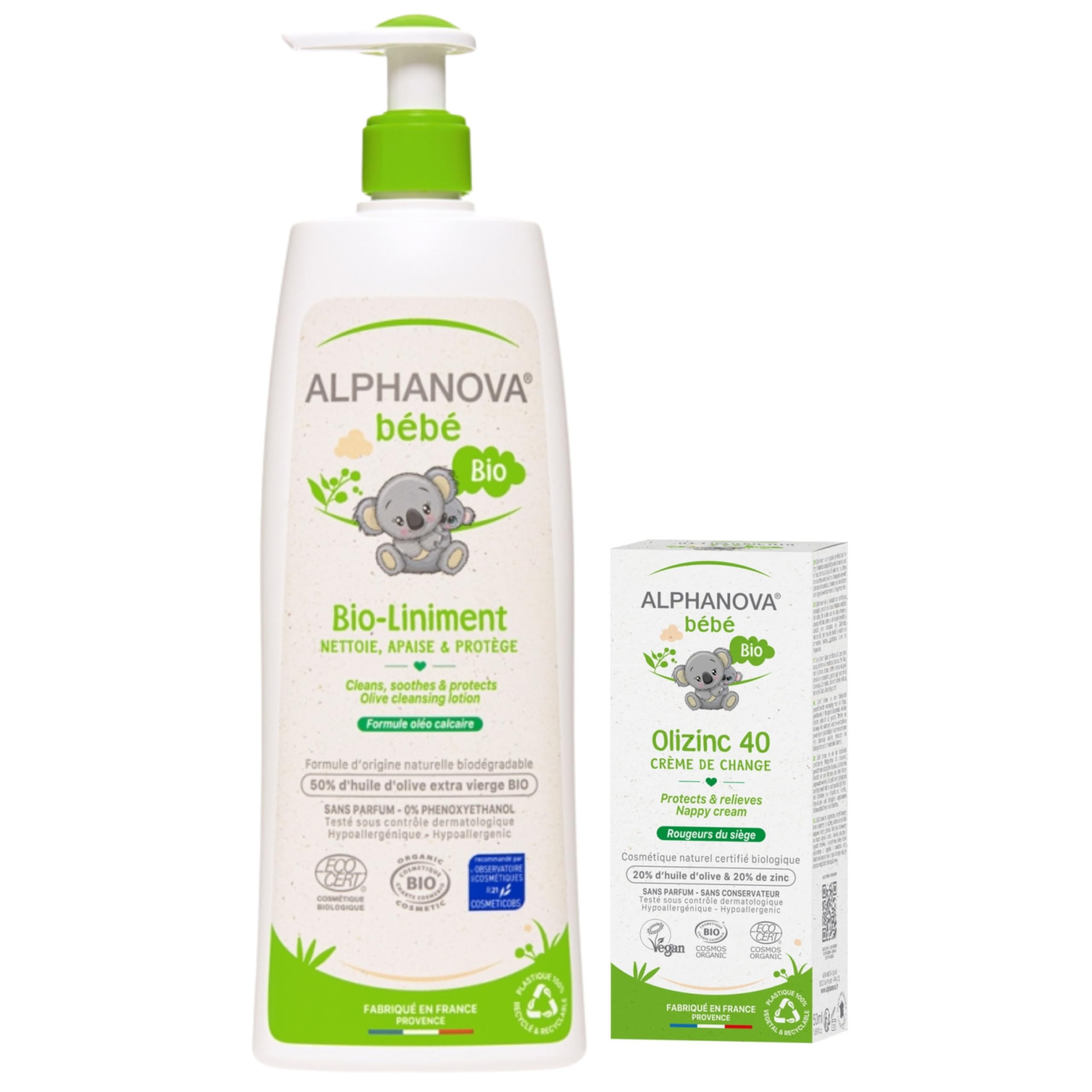 ALPHANOVA | Liniment bio 500ml + Olizinc crème de change bio 50gr | Nettoie, apaise et protège | Permet de faire disparaître les rougeurs | Barrières protectrices | Végan | Bio | Fabriqué en France