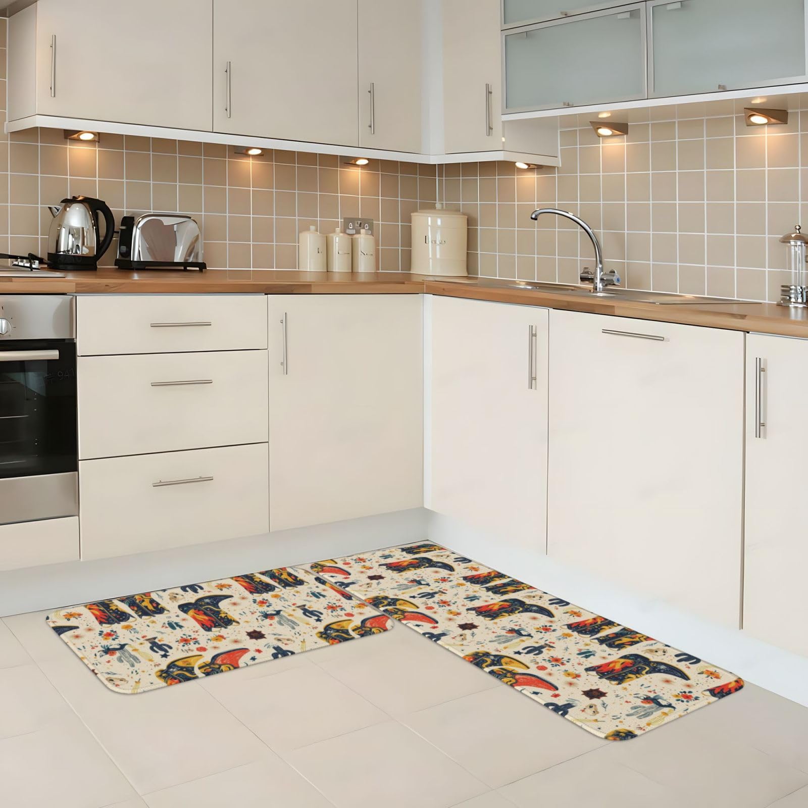 GVYGVY Antifatigue Kitchen Mats for Floor 2 Piece - Western Cowboy Boots Print Kitchen Rugs Washable, Non Slip Runner Rug Standing Mat for Office/Bathroom/Laundry/Home Decor and Accessories