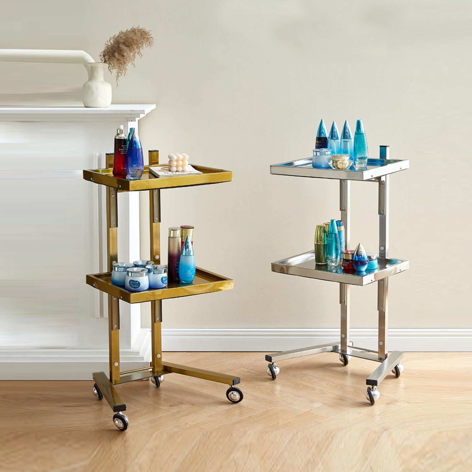 Carrello da cucina a 2 ripiani in metallo con ruote, pieghevole, per estetiste e parrucchieri, elegante finitura dorata, perfetto per uso domestico e professionale