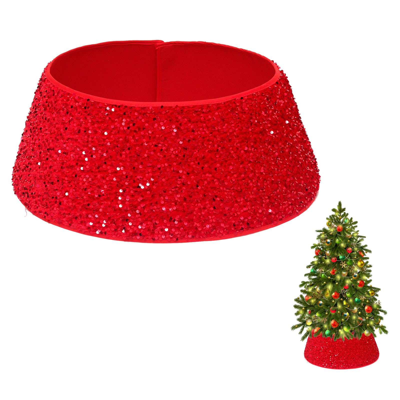 Gonna Per Albero Di Natale 60 cm - Decorazioni Glitter Rosso, Collare e Base Per Cestino - Copertura Per Feste a Casa e Vacanze