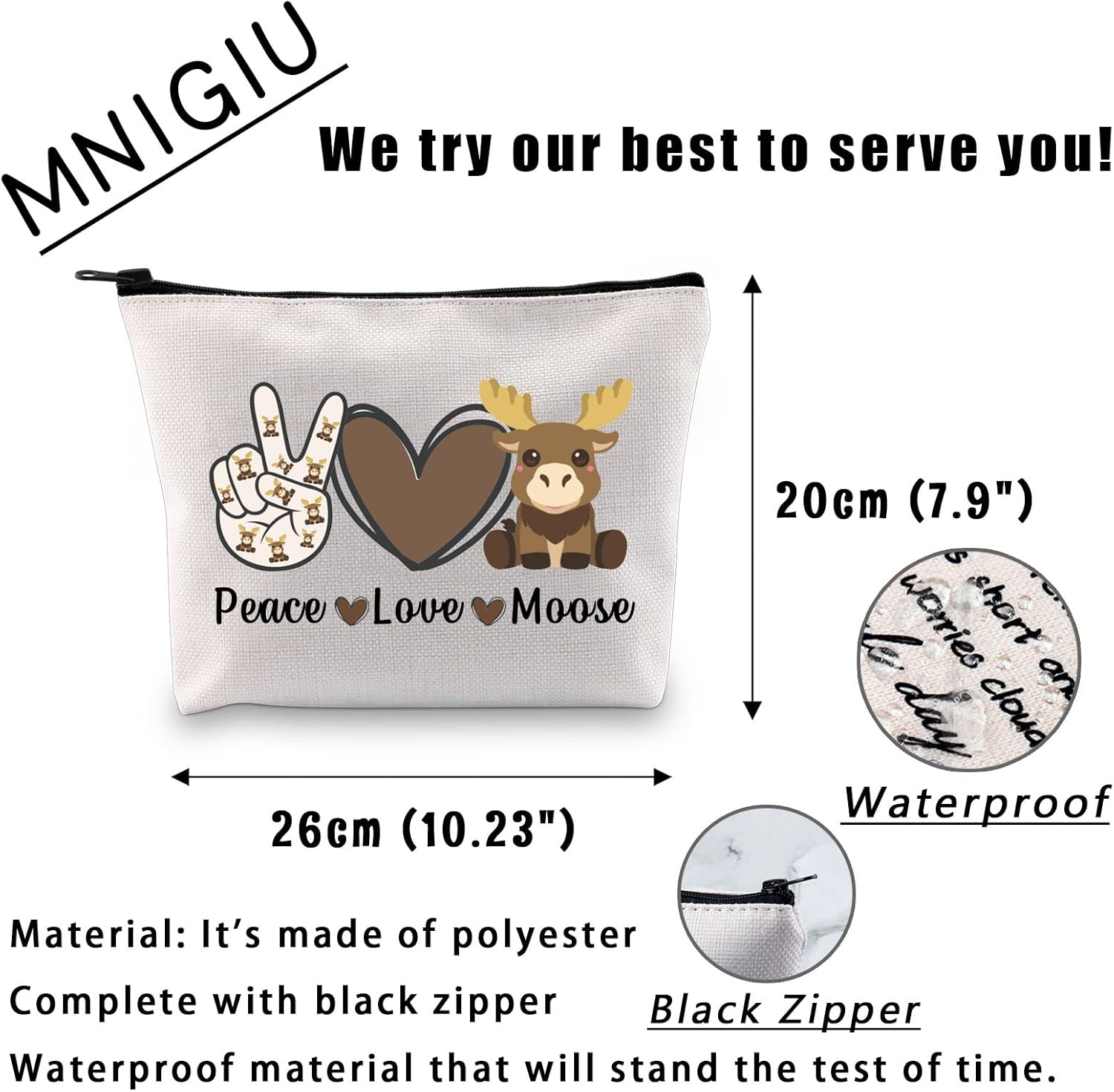 MNIGIU Funny Moose Gift Peace Love Moose Cosmetic Bag Moose Deer Makeup Bag Moose Lover Gift - Image 2