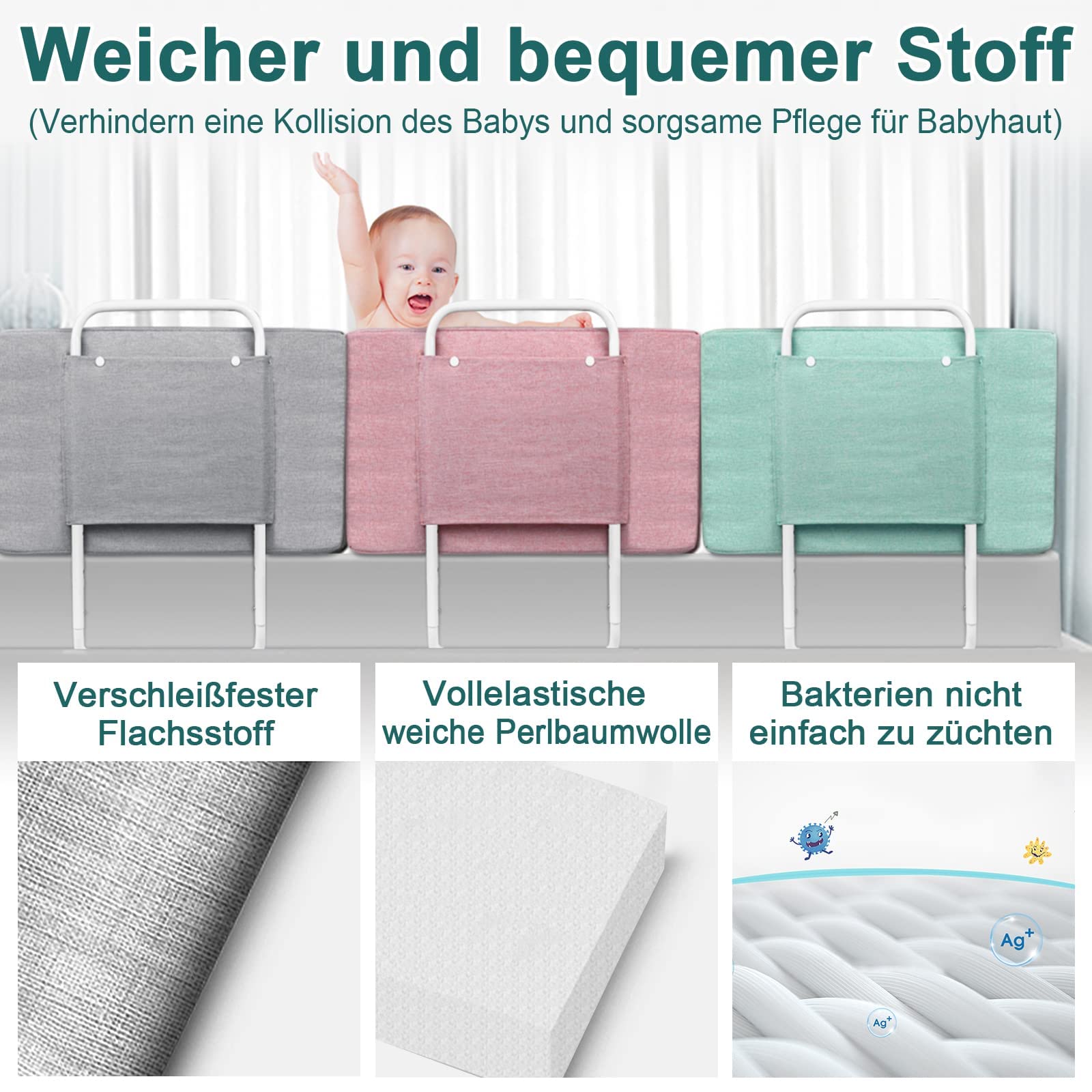ACXIN Barrera de cama para bebé, protección contra caídas, barandilla de cama ajustable, altura ajustable, para cama familiar y cuna - 4 x 50 cm, color gris lino