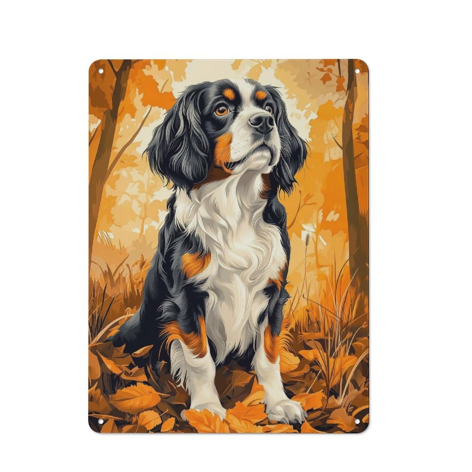 Tin Wall Plaque 40x30cm with Cavalier King Charles Spaniel in Autumn Leaves for Pub Or Café, for Hospitality Wall Decor Collectors