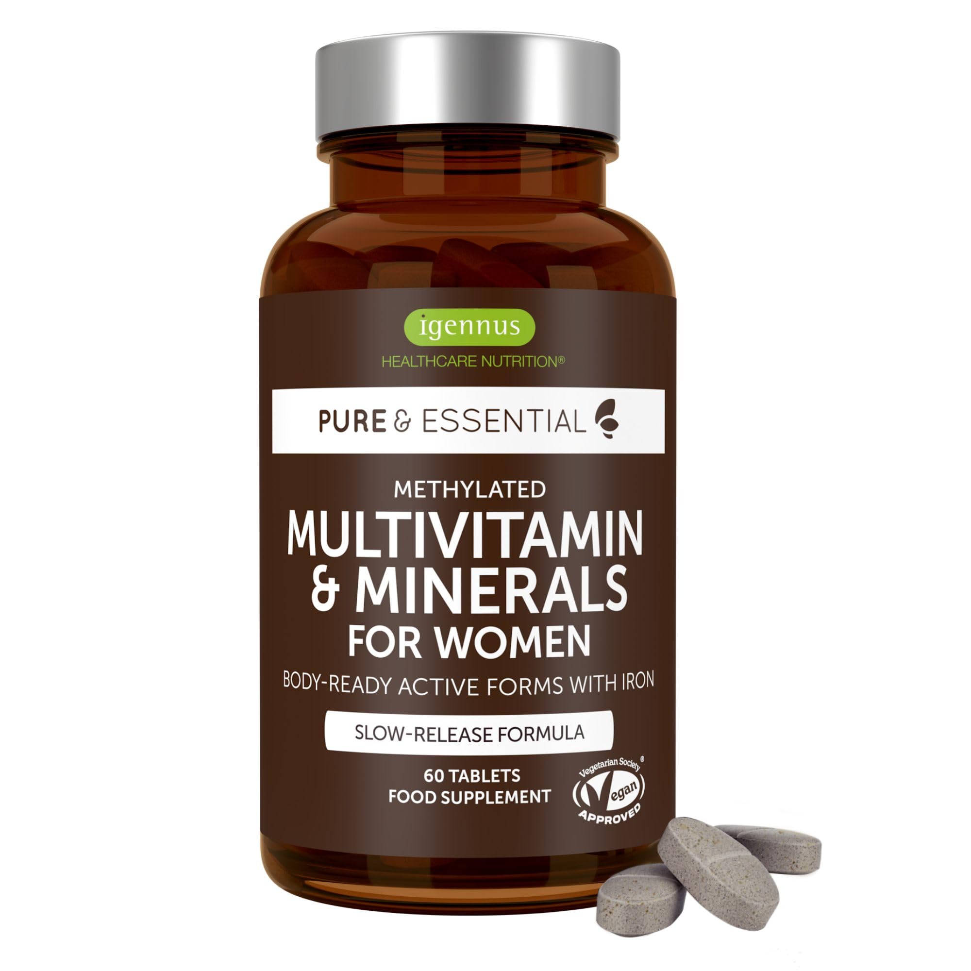 Multivitamines et Minéraux pour Femmes, Vitamines Méthylées & Bioactives, avec Fer Bisglycinate 14 mg, Libération Lente, Clean Label & 100% Vegan, 60 comprimés – par Igennus