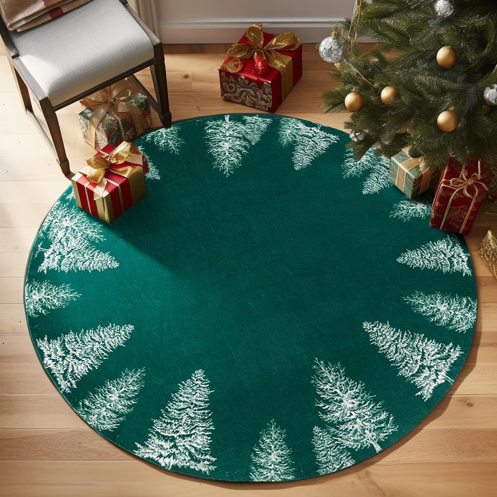 jinchan Christmas Round Rug 4ft Area Rug Green Xmas Tree Rug Washable Rug Circle Rug Round Non Slip Soft Rug Holiday Decor for Kitchen Bedroom Foyer Nursery Living Room Entryway(Green,4ft Round) 4' Round Green