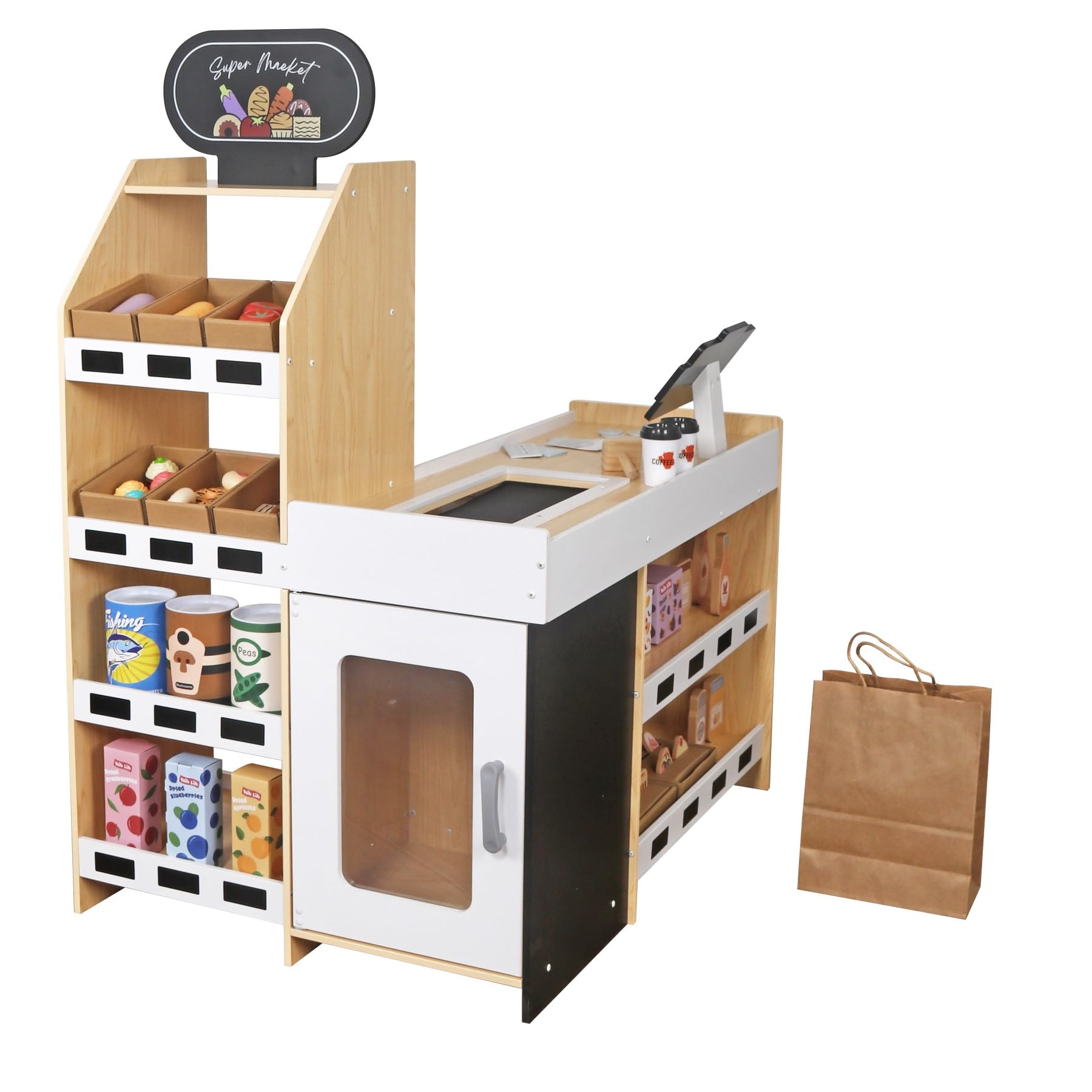 Holz Kaufladen Kinder Supermarkt Weiß – Spielküche Einkaufsladen mit Registrierkasse, Lebensmittel, Obst, Gemüse, Süßigkeiten, Fast Food, Spielgeld & Zubehör, Rollenspiel ab 3 Jahren