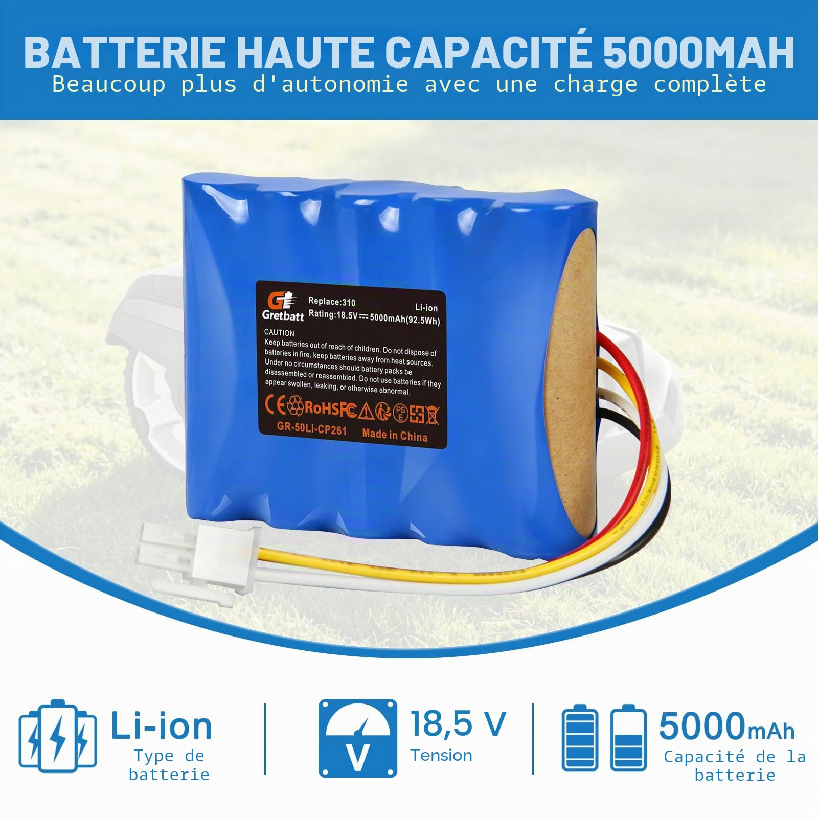 Batterie de Remplacement 18.5V 5000mAh pour Tondeuse Robot Husqvarna Automower 310, 315, 5848228-01, 5848228-02, 5848528-01, 5895862-01, Compatible avec Les tondeuses Robot Gardena Sileno R100Li, R1