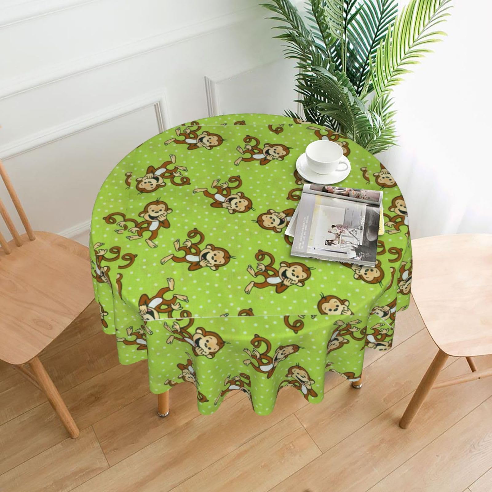Zcmkjlg Green Clever Monkey Print Quick Ship Round Tablecloth 60in Polyester Washable Cover for Dining Room