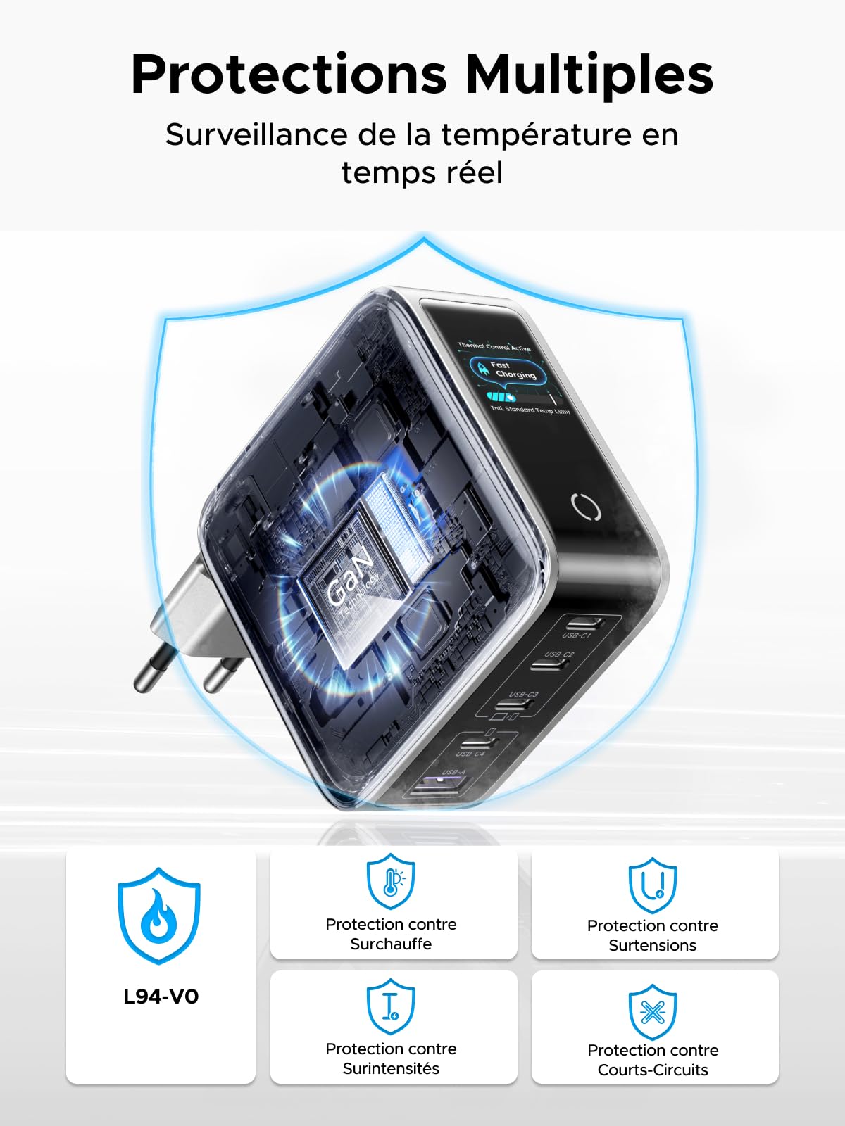 UGREEN Nexode Pro 100W Chargeur USB C Rapide 5 Ports avec Écran TFT GaN II Tech Compatible avec iPhone 17 Pro Max Air 16 15 14 13 12 Galaxy S26 S25 S24 Pixel 10 9 iPad MacBook Neo Air M5 M4 M3 M2 M1