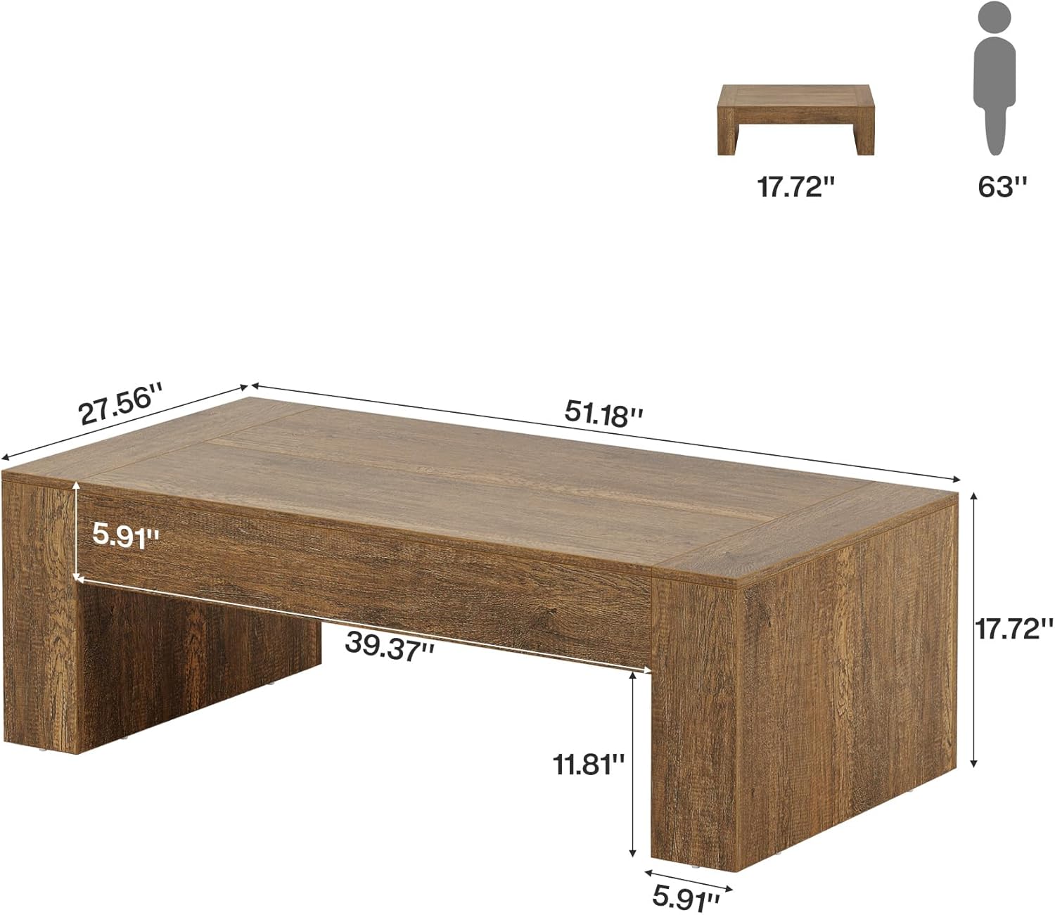 Tribesigns Rectangular Coffee Table for Living Room, 51-Inch Farmhouse Accent Center Cocktail Tea Table with Sturdy Base, Vintage Tea Furniture for Home Reception, Brown