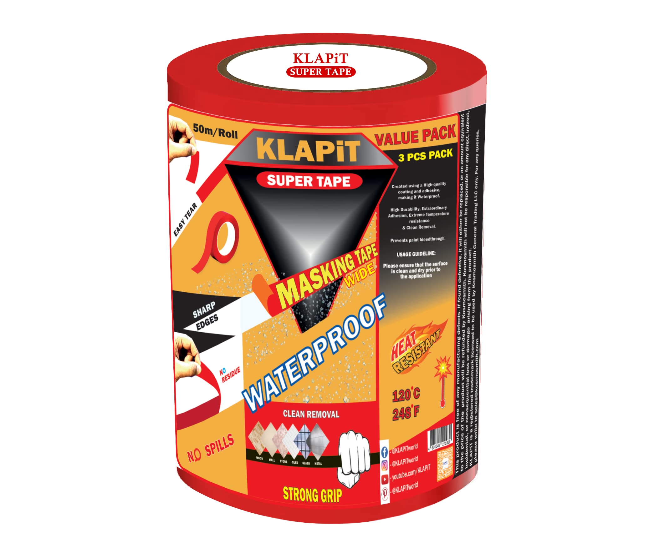 KLAPiTWaterproof Masking Tape - 2 Inch X 50m Painters, Paper, Washi, Red for Painting, Home Office, Industrial Use, Extreme Conditions, Multi-Purpose (3 pc wide)