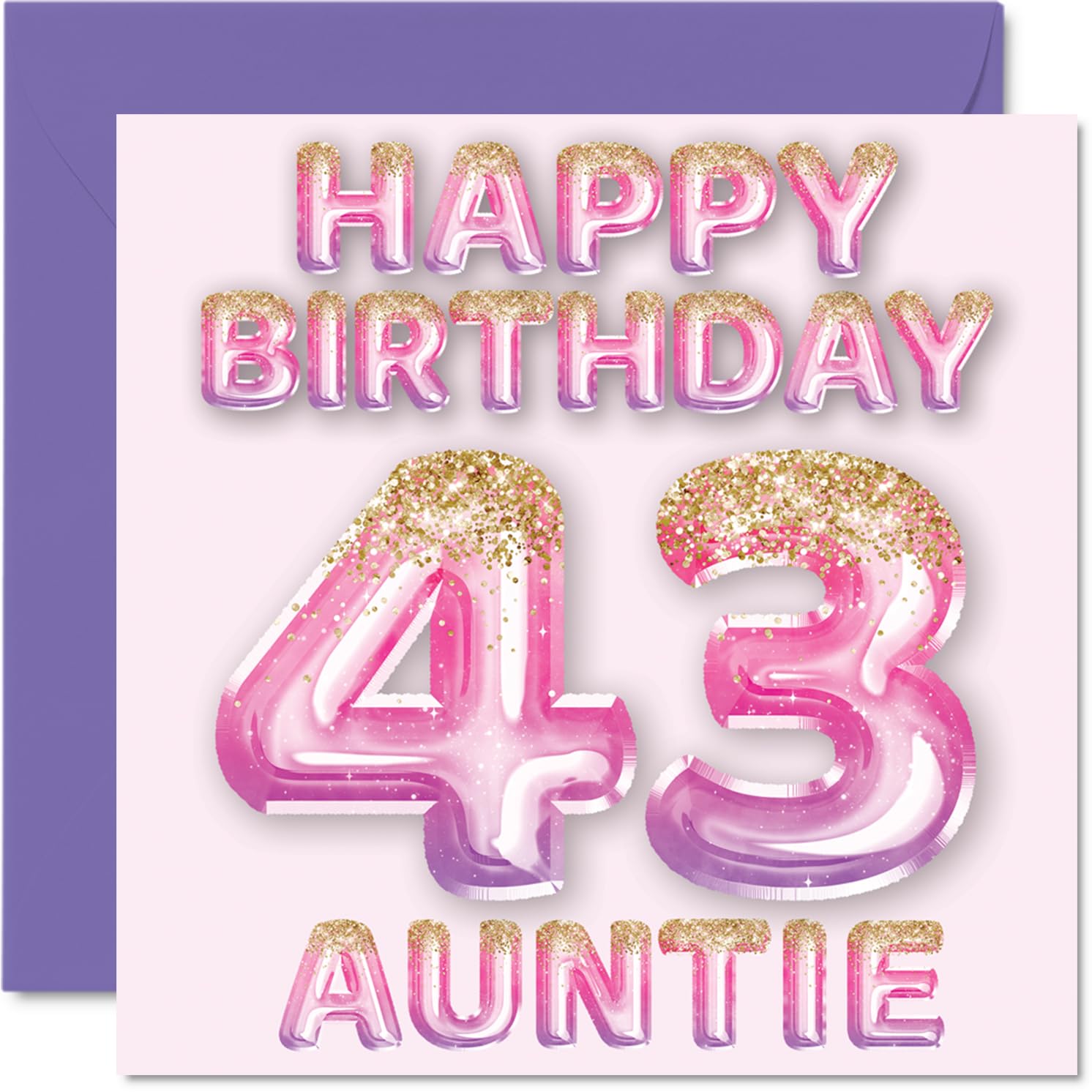 43rd Birthday Card for Auntie - Pink & Purple Glitter Balloons - Happy Birthday Cards for 43 Year Old Aunt Aunty from Nephew Niece, 145mm Bday Greeting Cards Gift