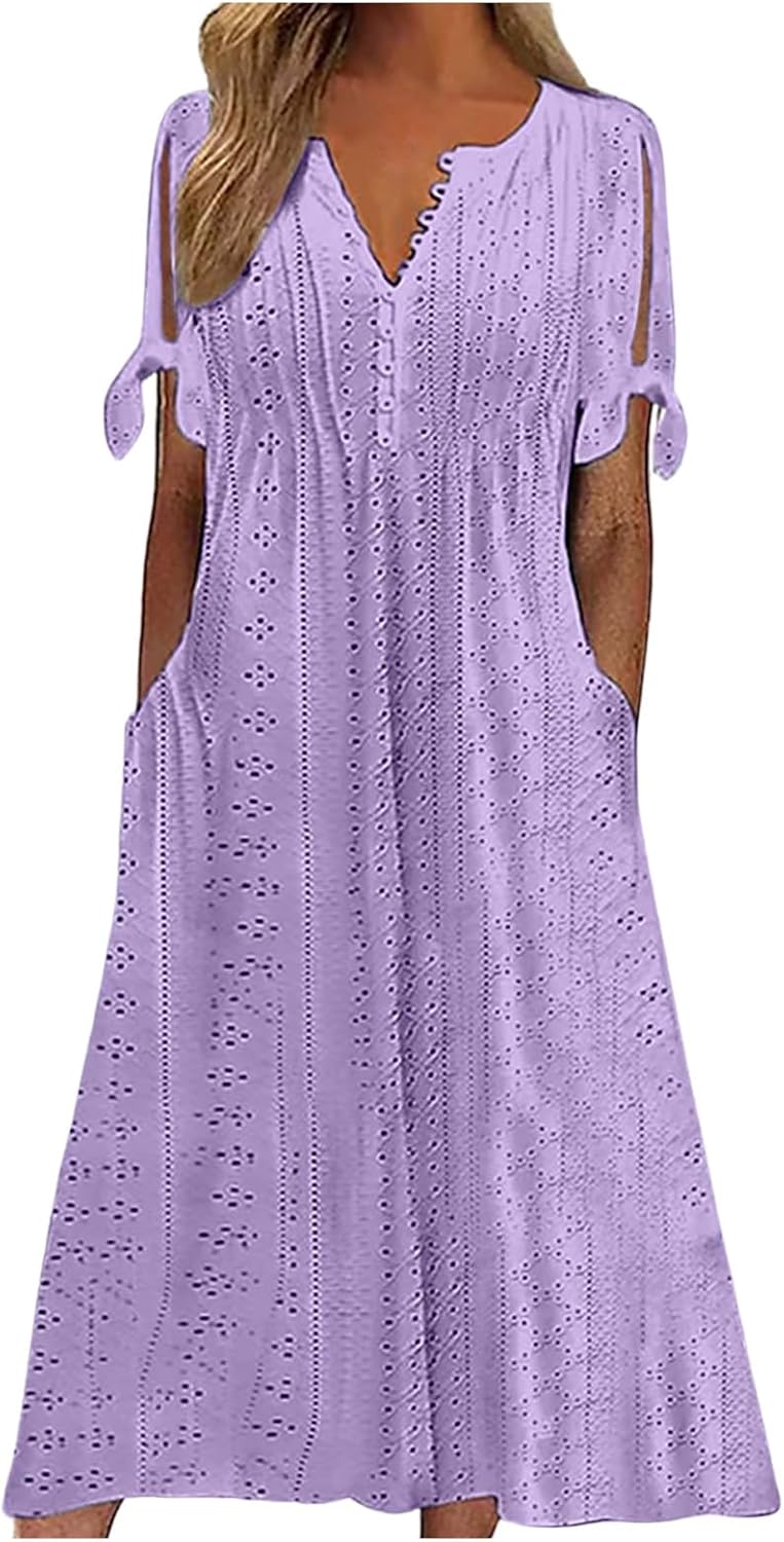 Coloody Robe Femmes été Manches Courtes Jupe Plissée Robe Bohème Col V